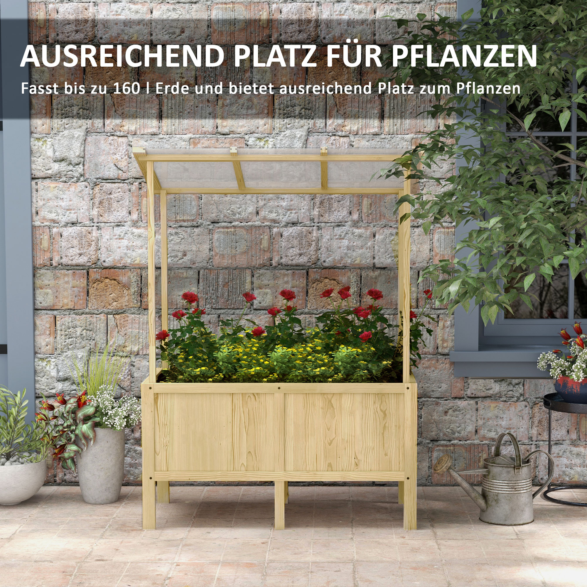 Outsunny Houten verhoogde plantenbak met dak, afwateringsgaten, voering van vliesdoek, weerbestendig, sparrenhout, 110x60x152 cm