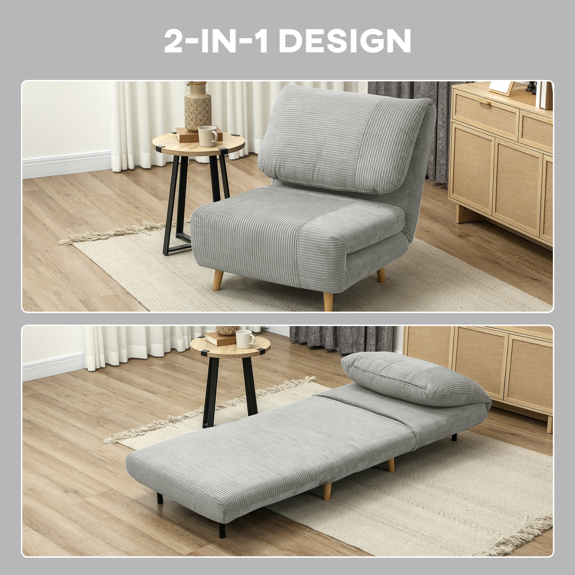 HOMCOM 2-in-1 Slaapstoel Logeerbed, verstelbare hoofdsteun in corduroylook 82 cm x 89 cm x 83 cm Grijs