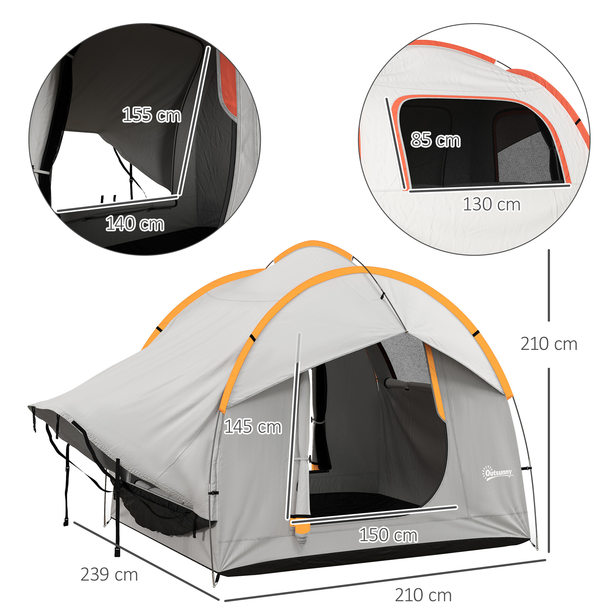 Outsunny Auto Tent Kampeertent, 3 deuren, weerbestendig, 239cm x 210cm x 210cm, Oranje + Grijs