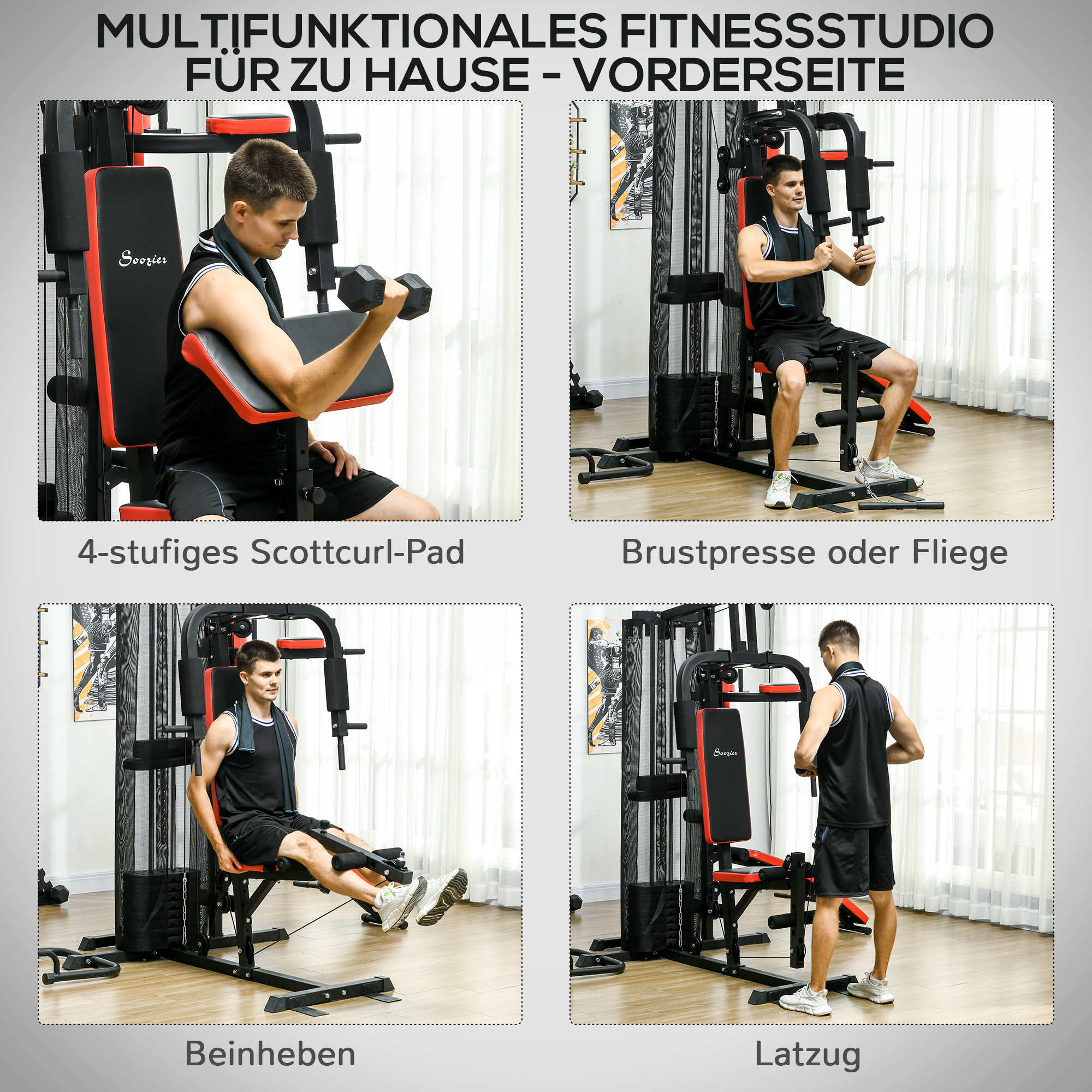 SPORTNOW Multifunctionele Trainingsstation met 65 kg Gewichtsblok, Verstelbaar, Voor Thuis Fitness, Staal, Kunstleer