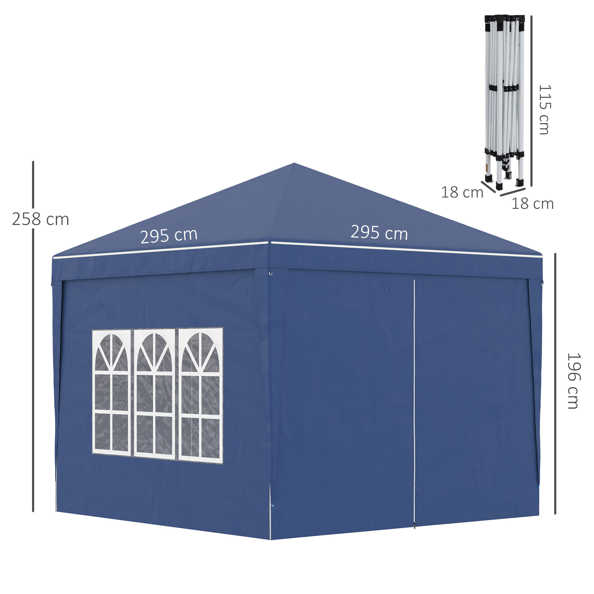 Outsunny Paviljoen, Partytent, 4 afneembare zijwanden, 2 ramen, metalen frame, 2,95 x 2,95 m, Blauw