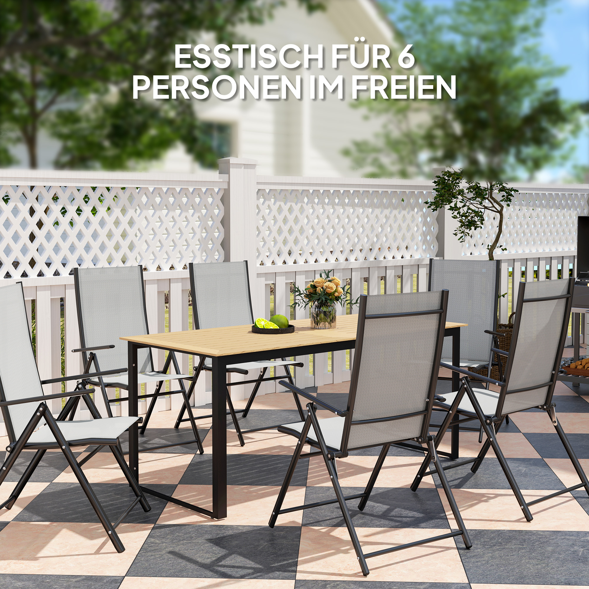 Outsunny Tuintafel Metaal 175x78 cm Weerbestendig Balkontafel met Houtlook, Anti-slip Eettafel Zwart