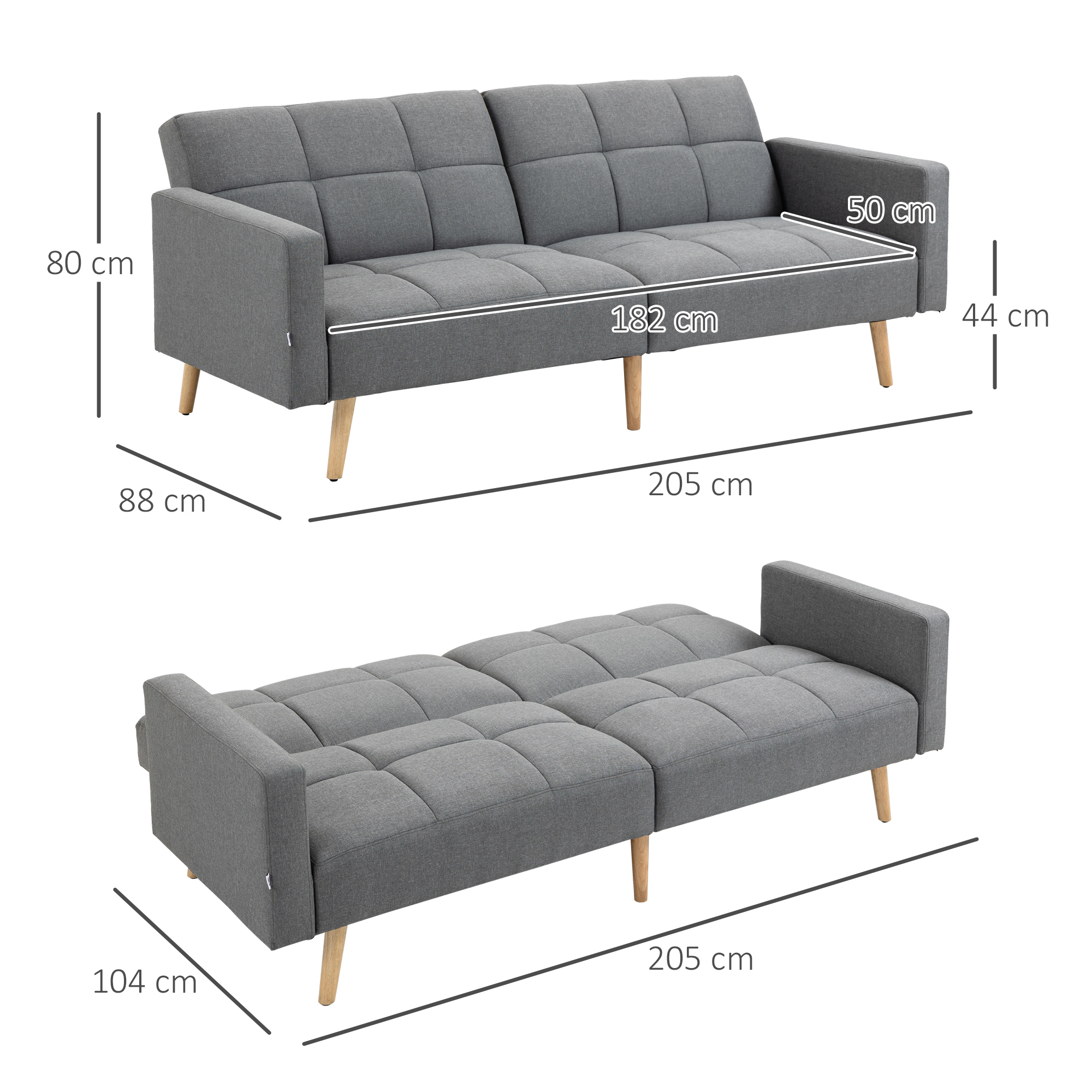 HOMCOM 2-in-1 Slaapbank 205 x 88 cm Bank met Slaapfunctie, Zitkussen, Linnen Look Grijs