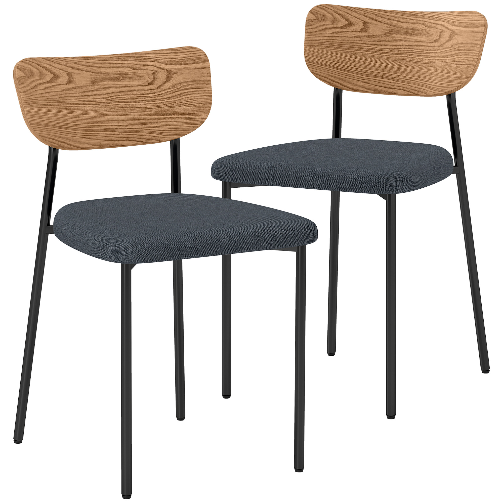 HOMCOM Set van 2 eetkamerstoelen in linnen-look, armloos ontwerp, metalen poten, Grijs