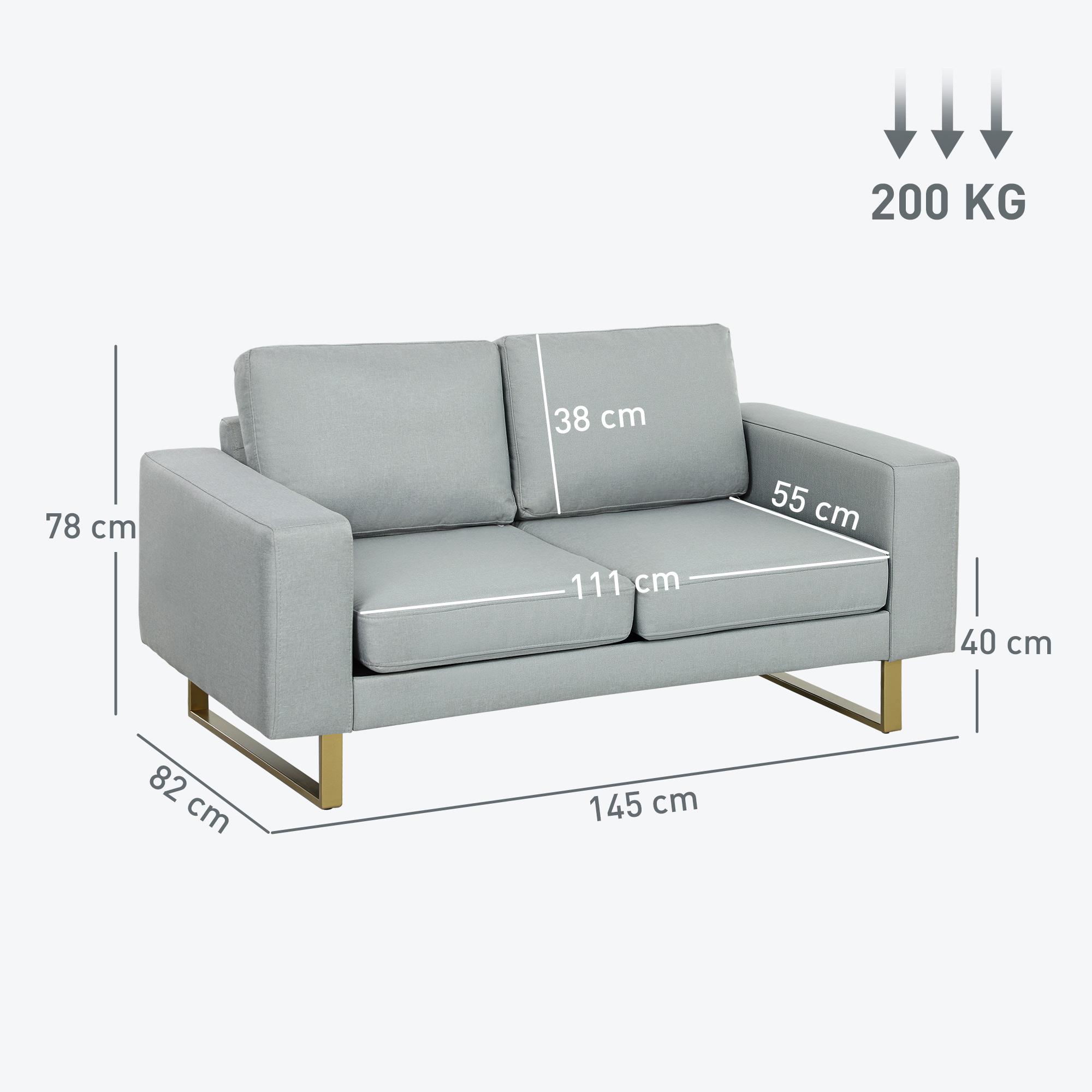 HOMCOM 2-Zitsbank, Sofa met Volhouten Frame, Metalen Poten, Eenvoudig Ontwerp, Lichtgrijs
