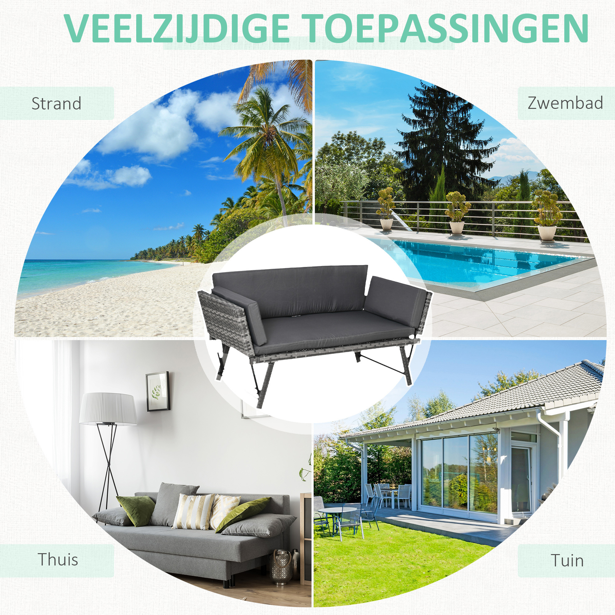 Outsunny 2-zits tuinbank met opklapbare armleuningen, grijs 129 x 66 x 67 cm
