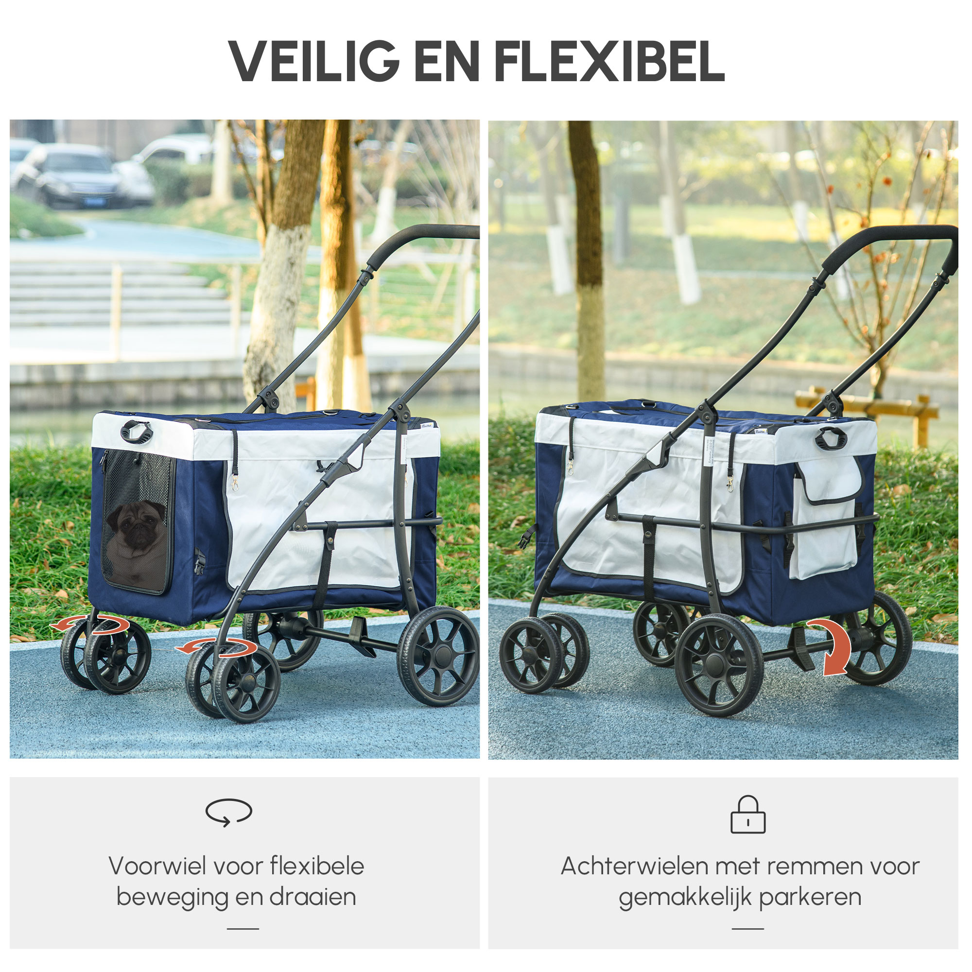 PawHut Hondenbuggy Huisdierbuggy Hondenkar, inklapbaar, afneembare mand, 81 x 58 x 97,5 cm, Zwart + Blauw + Wit
