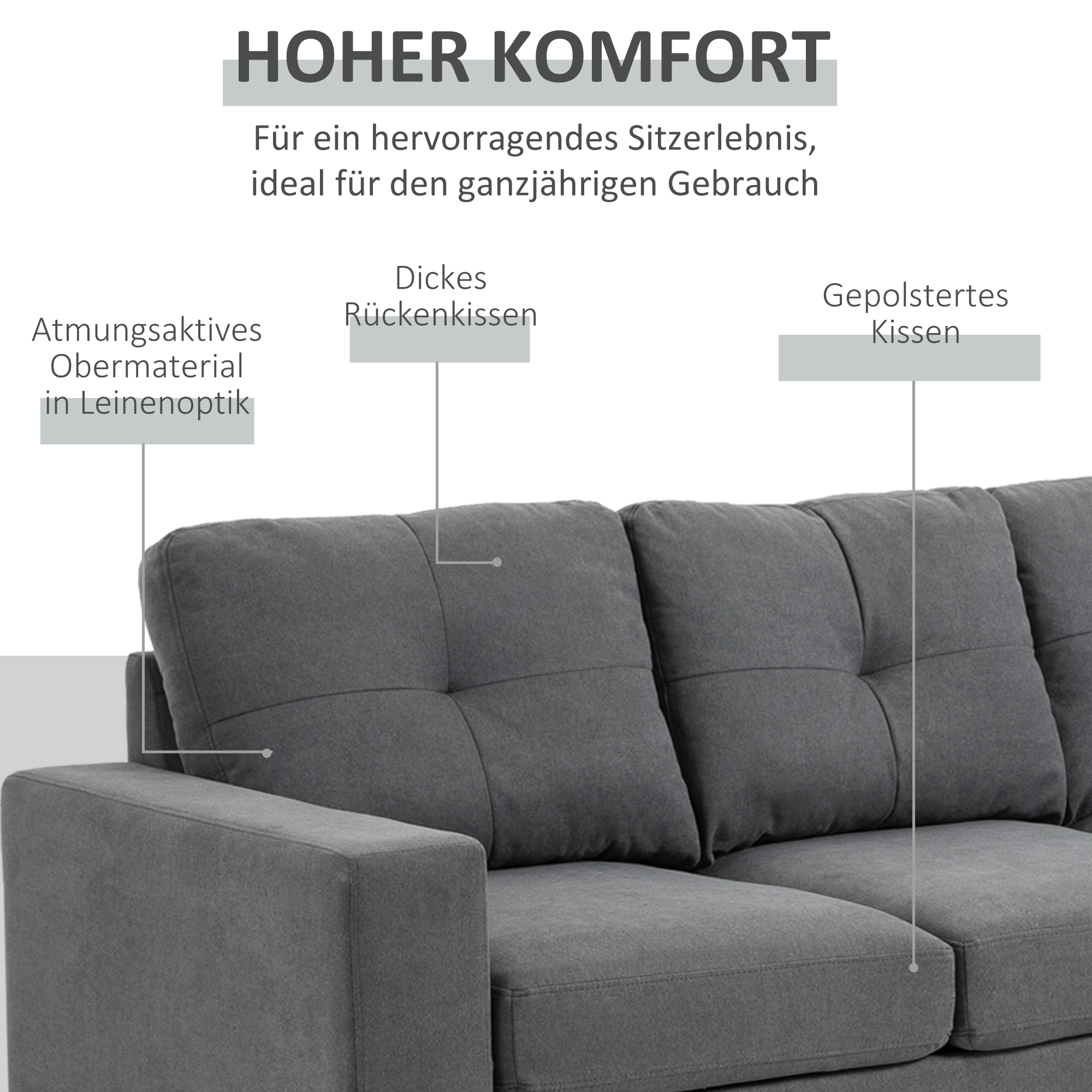 HOMCOM Hoekbank in Scandinavisch design, met knoopdetail, massief hout, linnenlook, Grijs