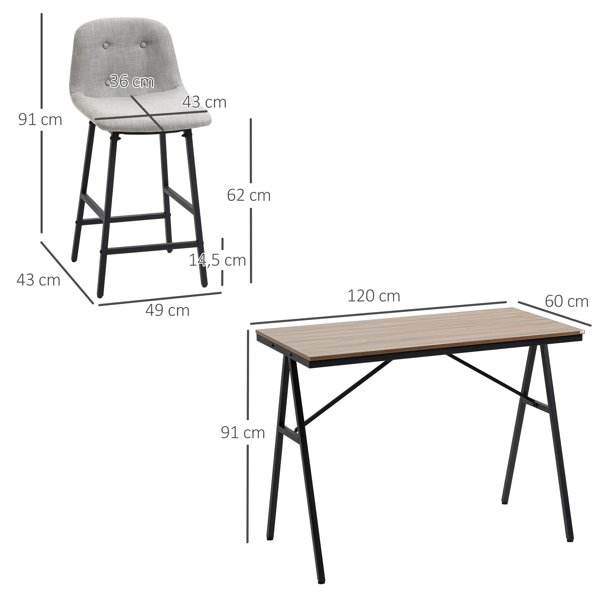 HOMCOM 5-delige Bargarnituur, Tafel en 4 Stoelen, Knoopafwerking, Dikke Bekleding, Linnenlook, Grijs