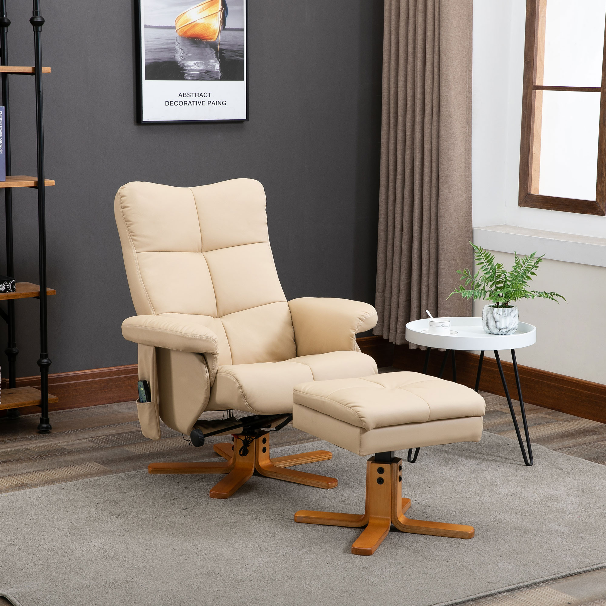 HOMCOM massagestoel met ottoman relaxstoel TV-stoel TV-stoel 145 ° helling kunstleer crèmewit 80 x 86 x 99 cm