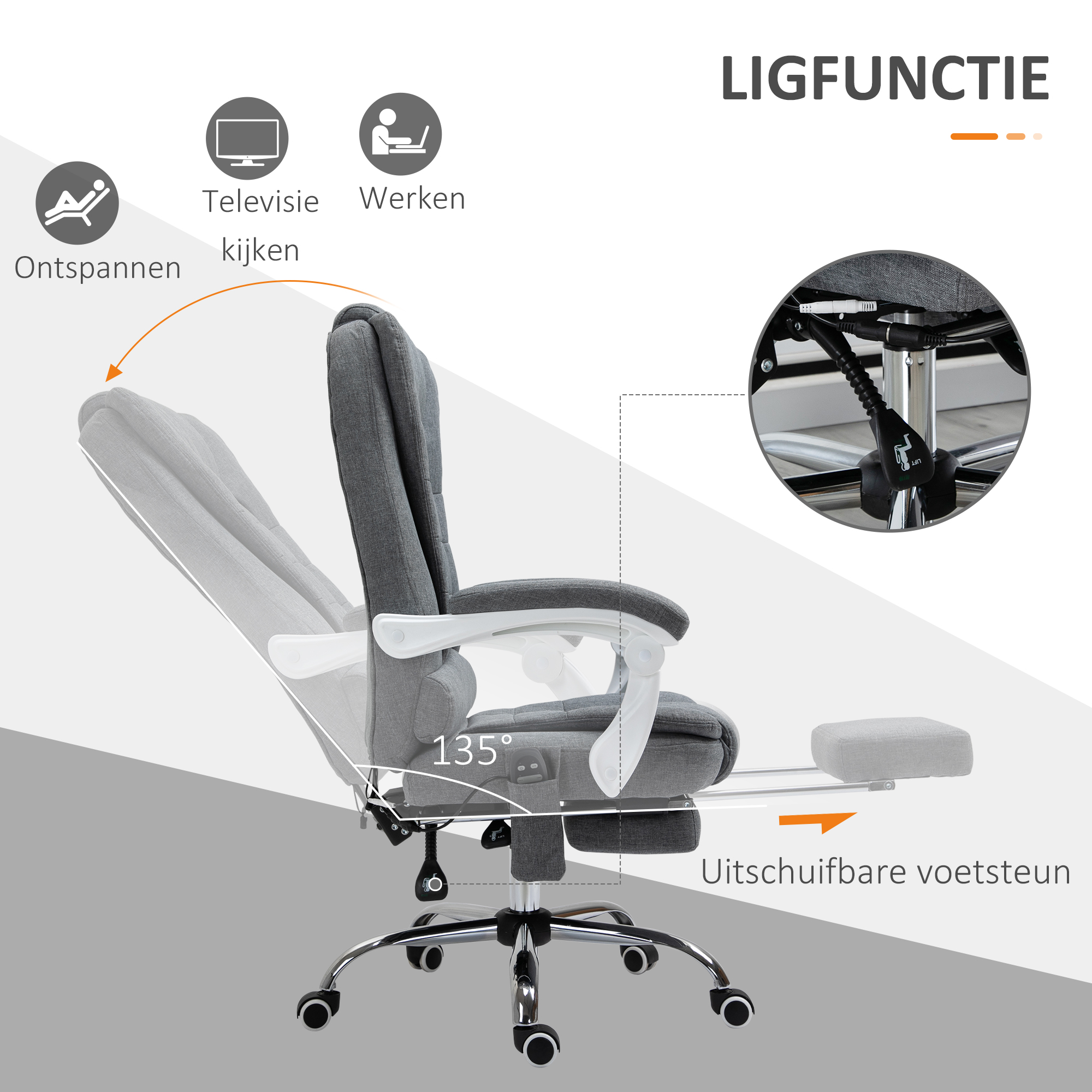 Vinsetto Ergonomische Massagestoel, 6 Vibratiepunten, Verstelbare Rugleuning, 360° Draaistoel, Grijs