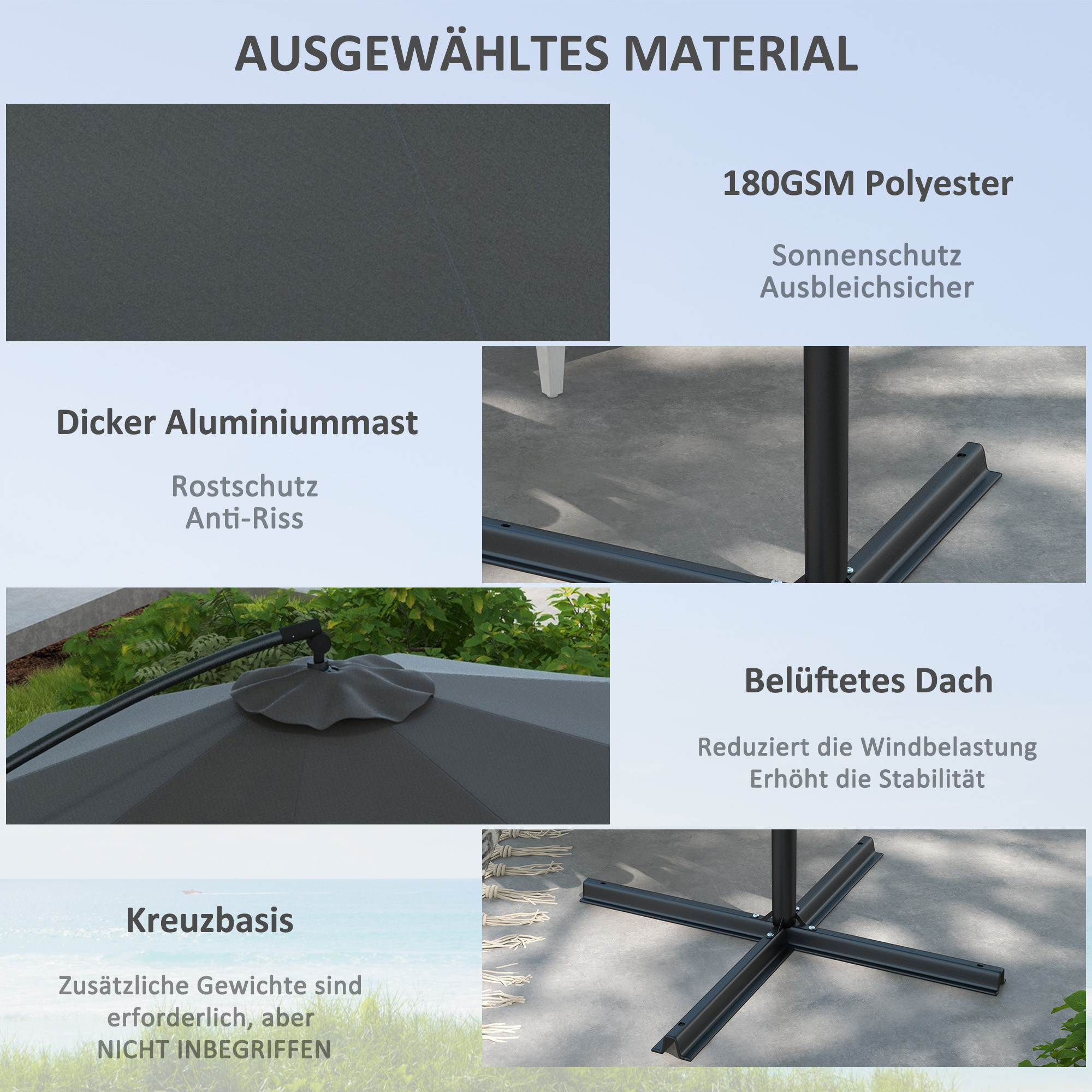 Outsunny Parasol Ampelschirm, incl. Kruisvoet, 293 x 293 x 260 cm, Grijs