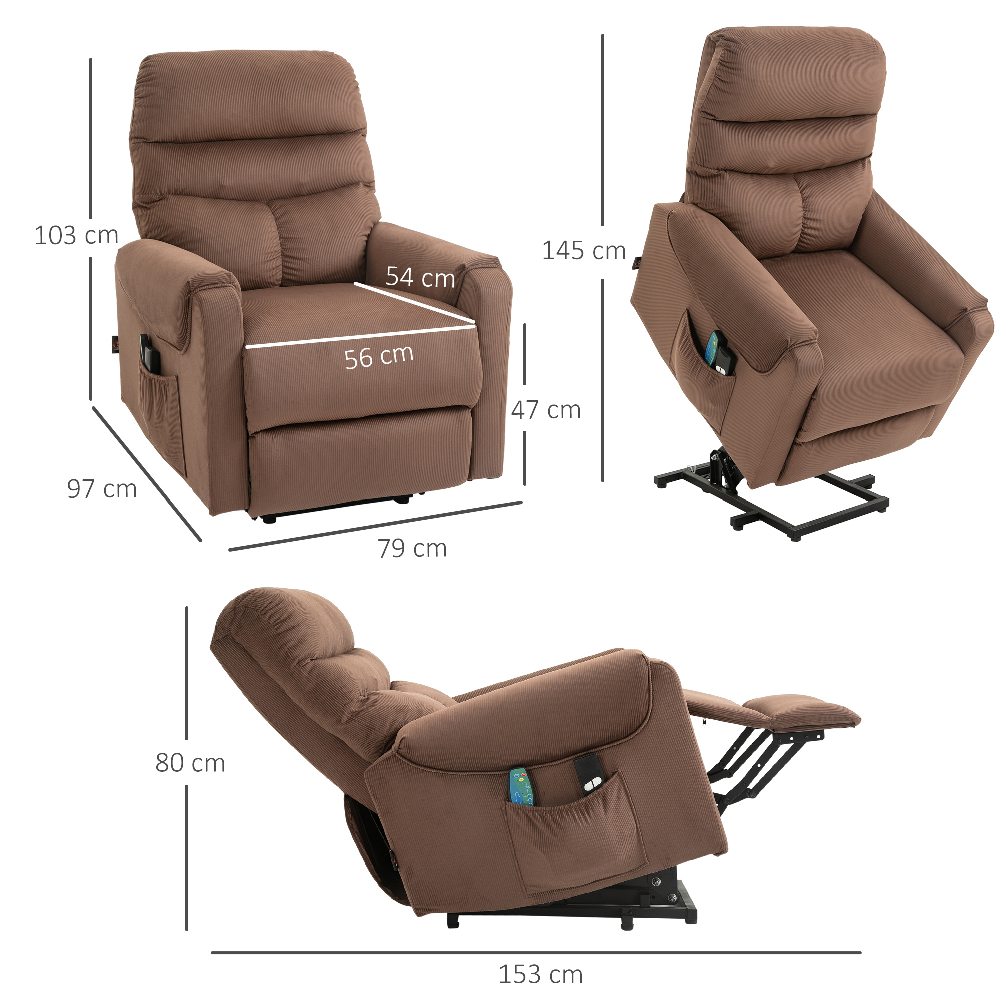 HOMCOM tv-stoel met massagefunctie opstahulp afstandsbediening, verwarming elektrisch ligfunctie polyester stof metaal lichtbruin 79 x 97 x 103 cm