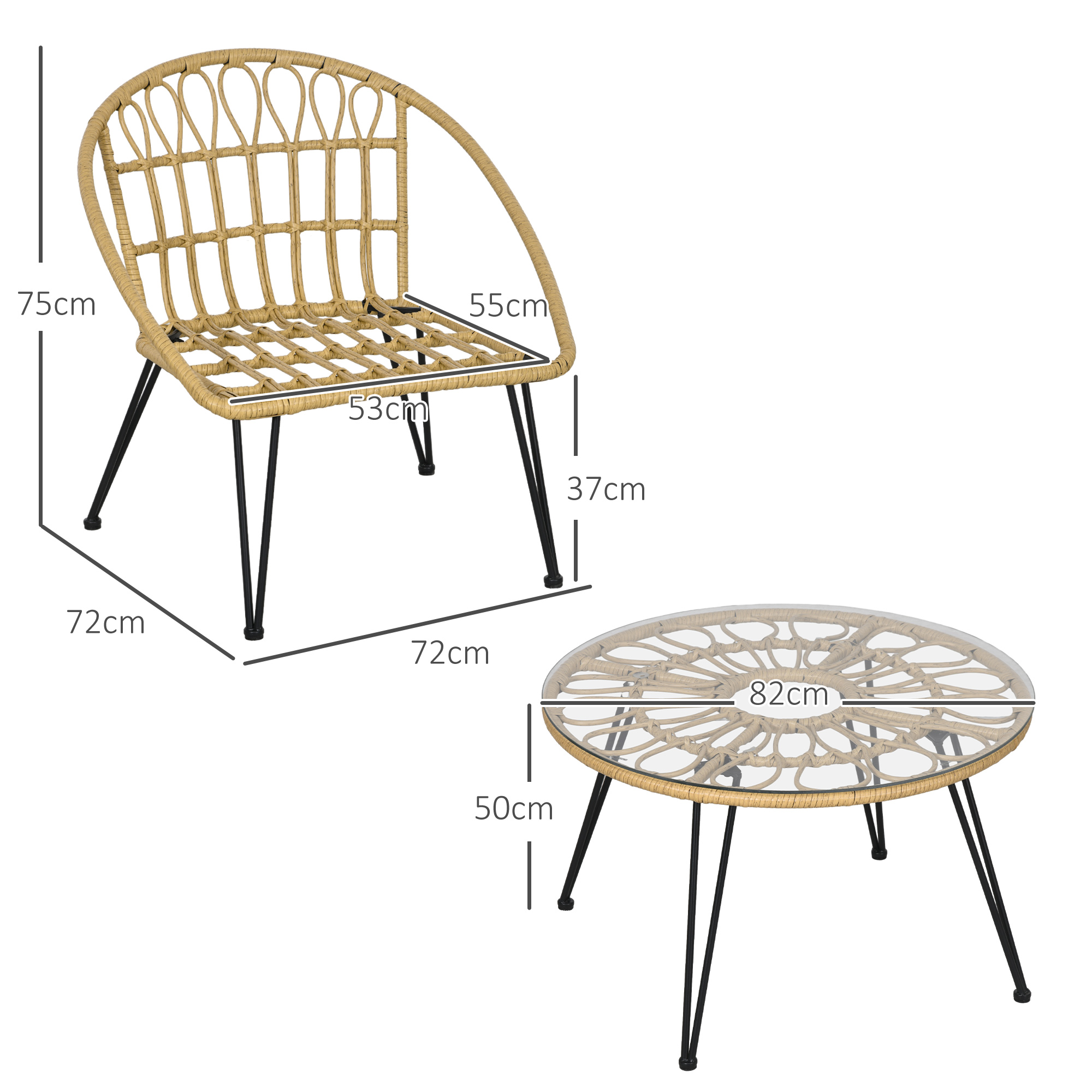 Outsunny Tuinmeubelset 5-delig Outdoors Tuinmeubelset, Boho-stijl, 82 cm x 82 cm x 50 cm, Beige + Natuur