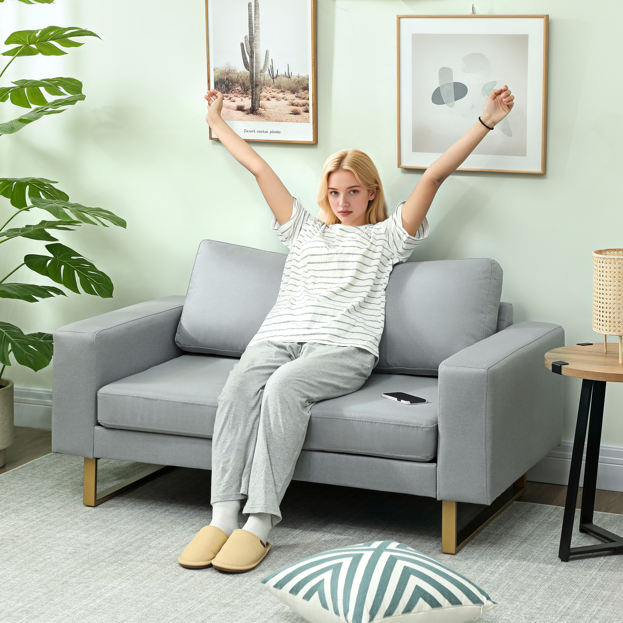 HOMCOM 2-Zitsbank, Sofa met Volhouten Frame, Metalen Poten, Eenvoudig Ontwerp, Lichtgrijs