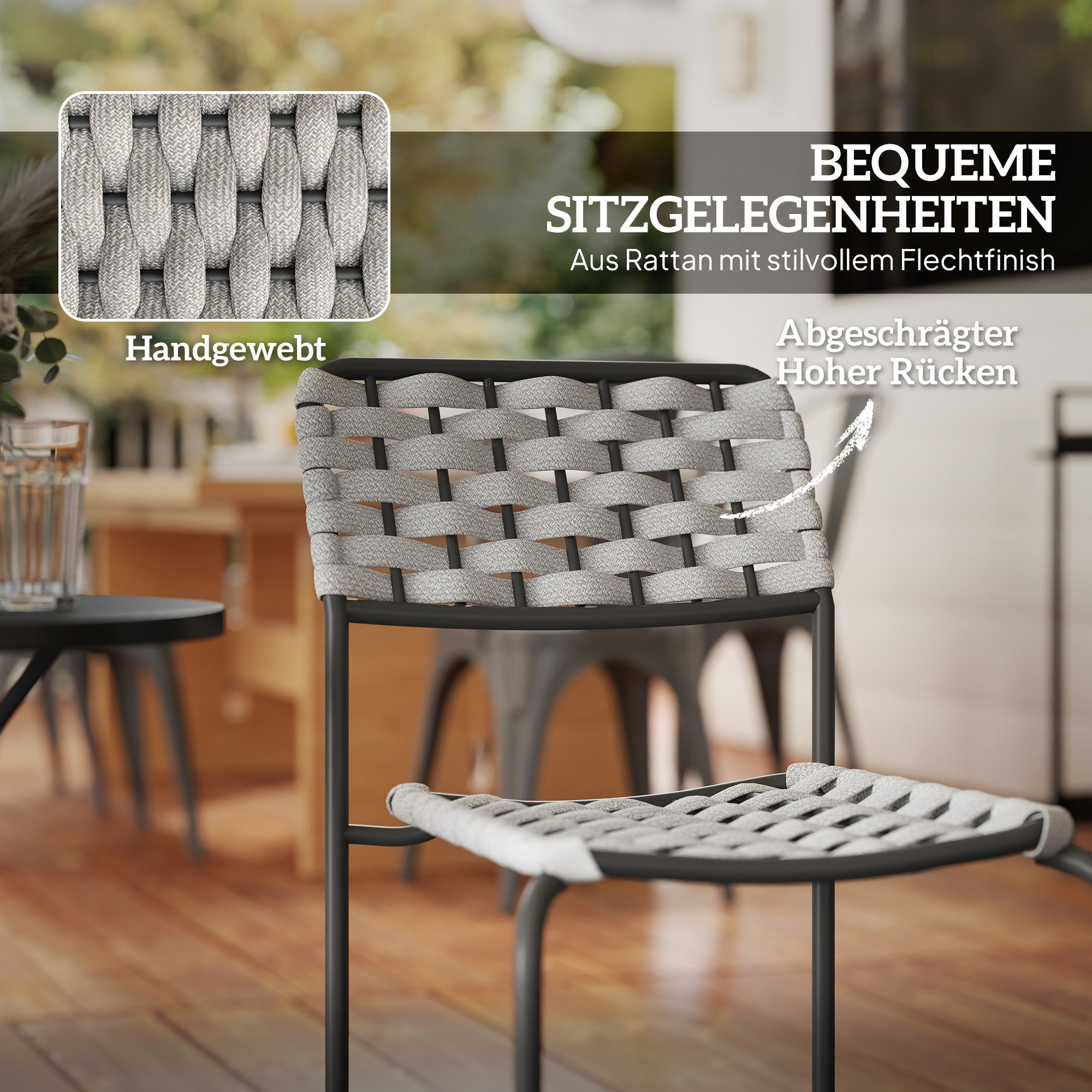 Outsunny Polyrattan Tuinmeubelset, Outdoor Lounge Balkonmeubel voor 2, 3-Delig 2 Stoelen, Tafel Grijs