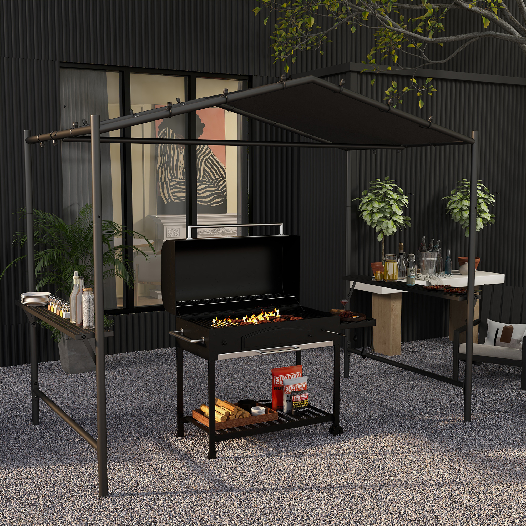 Outsunny Grilltent Grilldak, weerbestendig, inclusief zijvakken, 277 x 149 x 230 cm, Donkergrijs