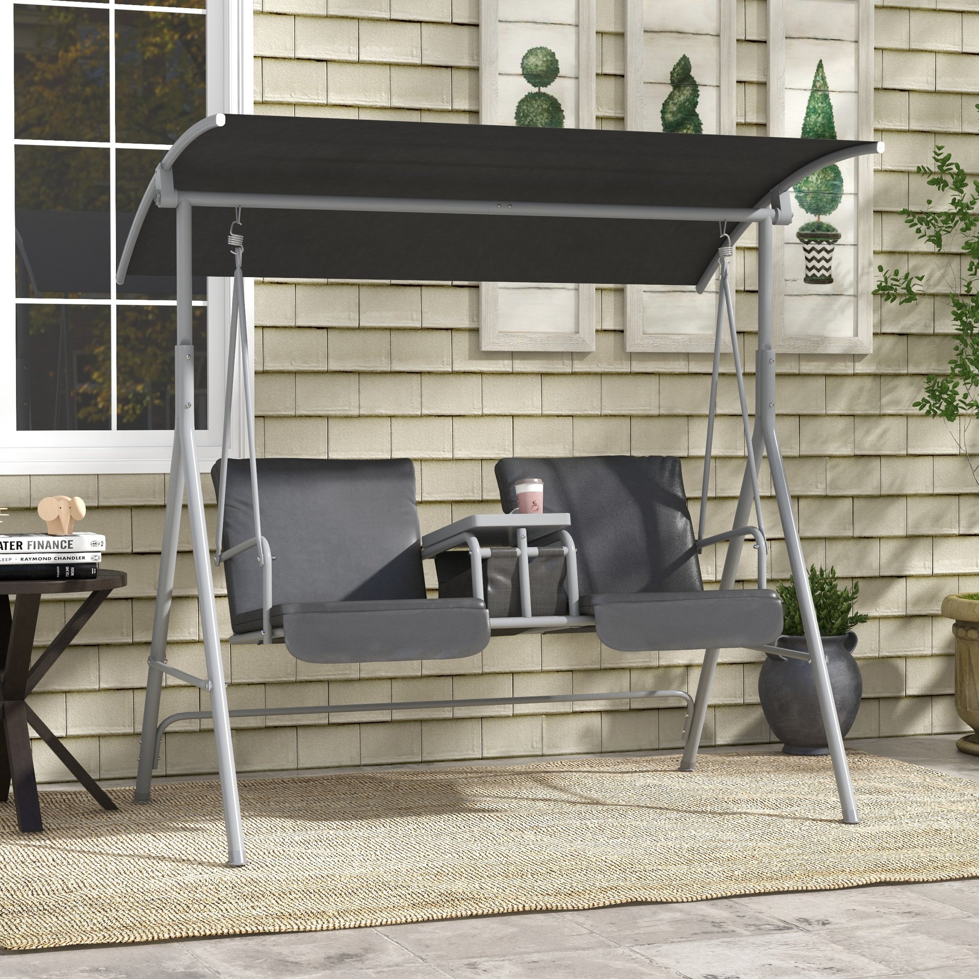 Outsunny Hollywoodschommel, 2-zits, met Dak en Tafel, Metalen Frame, Tot 180 kg, 175x110x165 cm, Zwart