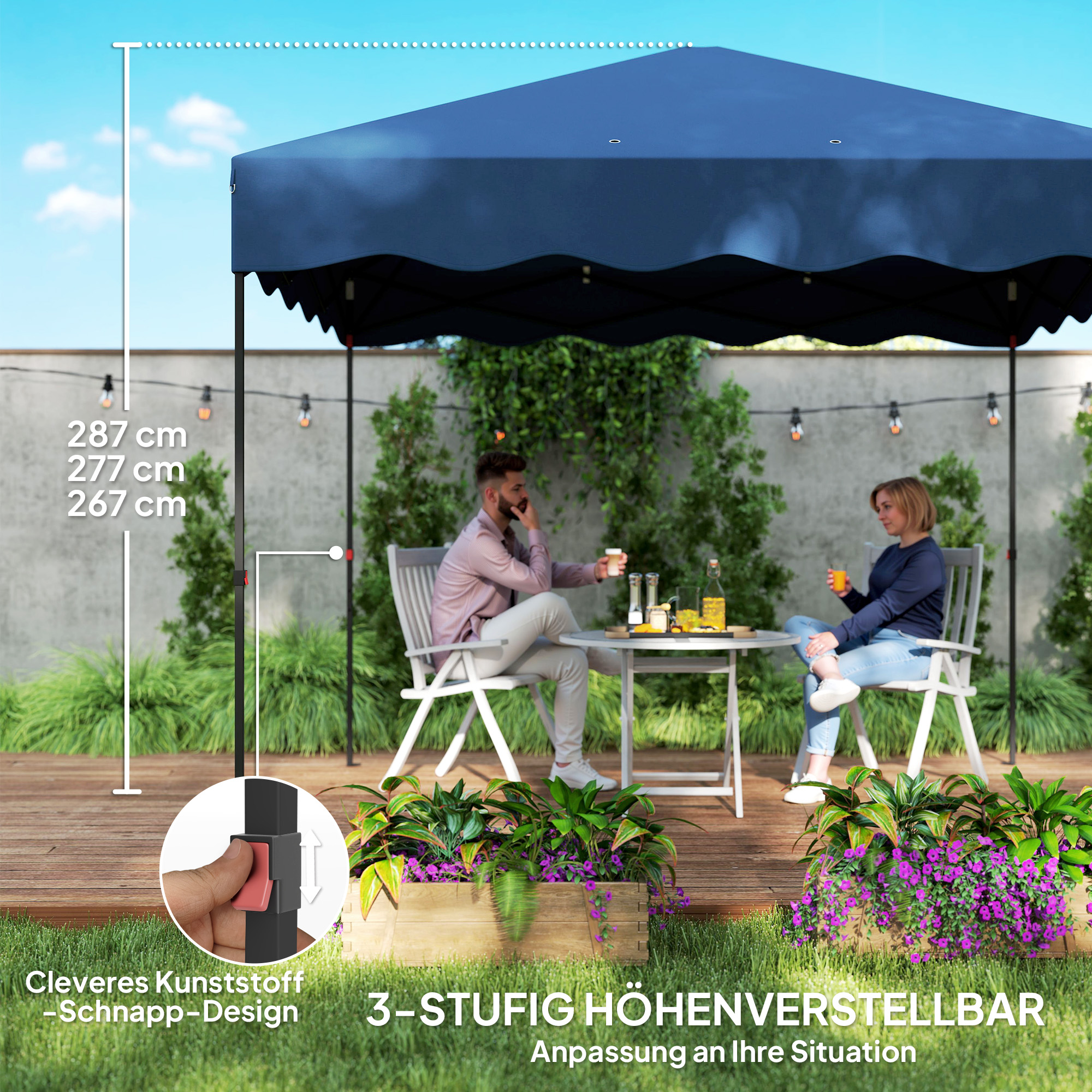 Outsunny 3 x 3 m Pop-up Paviljoen, Hoogteaanpasbaar Tuinpaviljoen, met RolTas, voor Tuin, Terras, Metaal, Stof, Donkerblauw