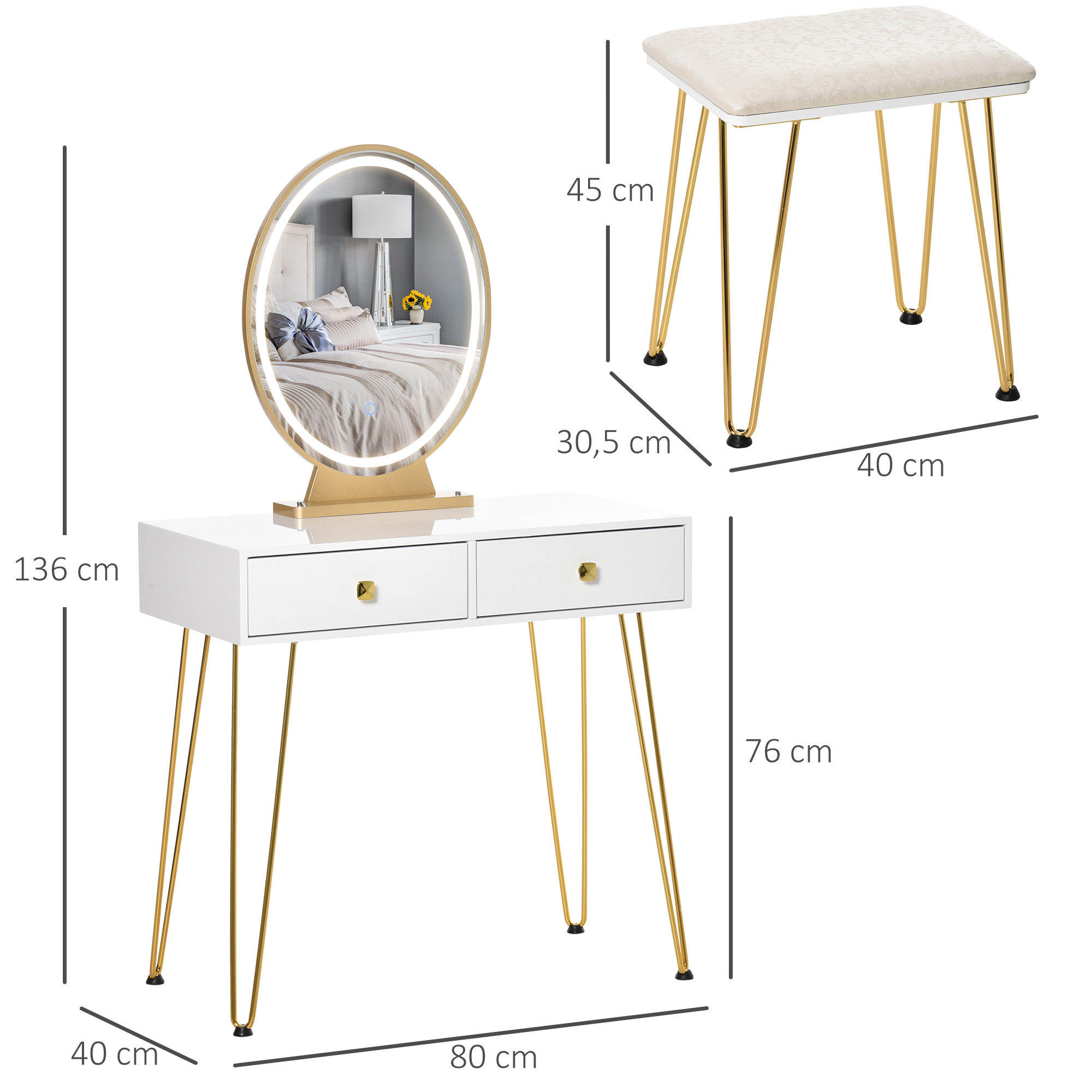 HOMCOM make-uptafel gestoffeerde kruk retro design