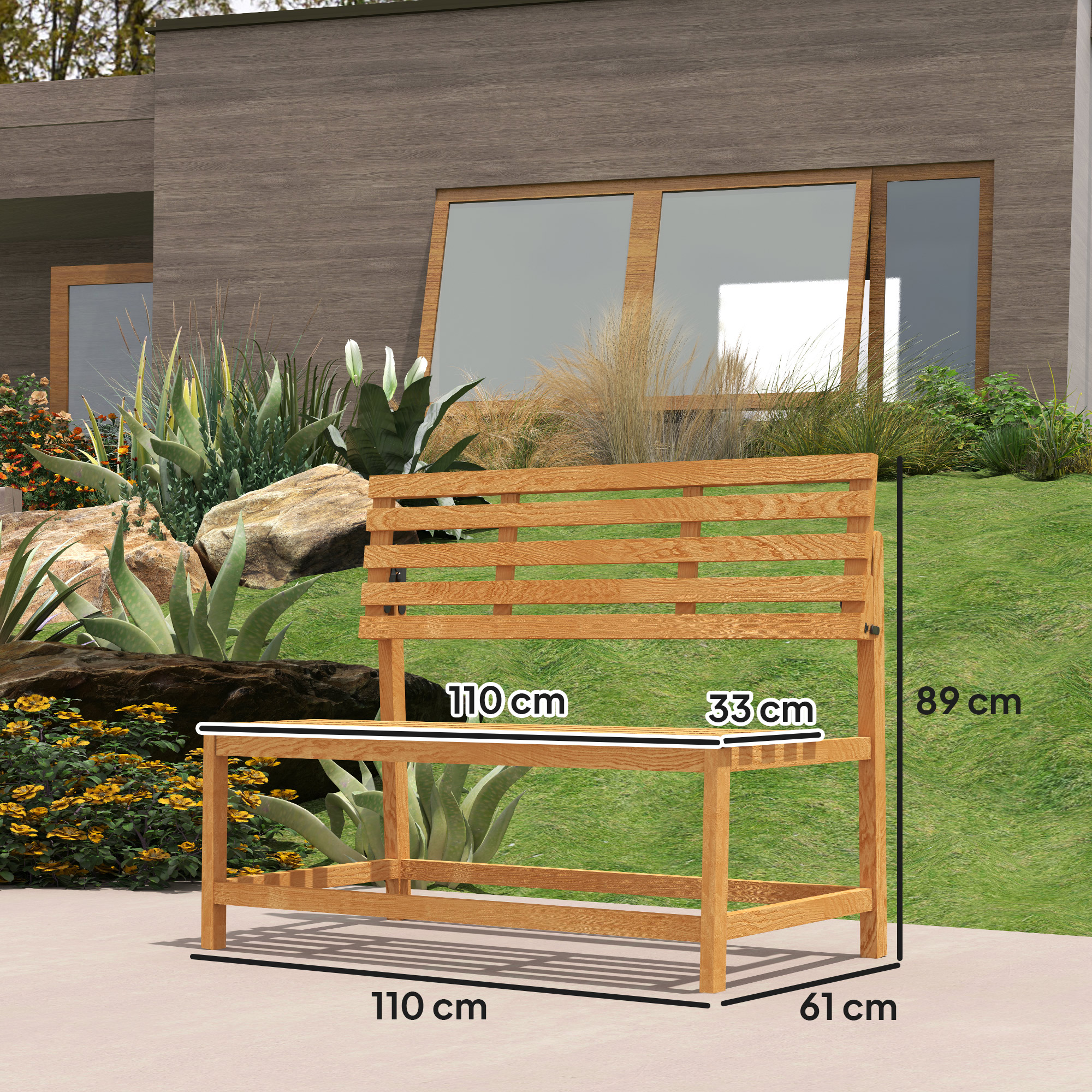 Outsunny 2-zits Tuinbank van Hout, Weerbestendige Zitbank, UV-Bestendige Tuinmeubelen met Omzetbare Rugleuningen 110x61x89cm, Teak
