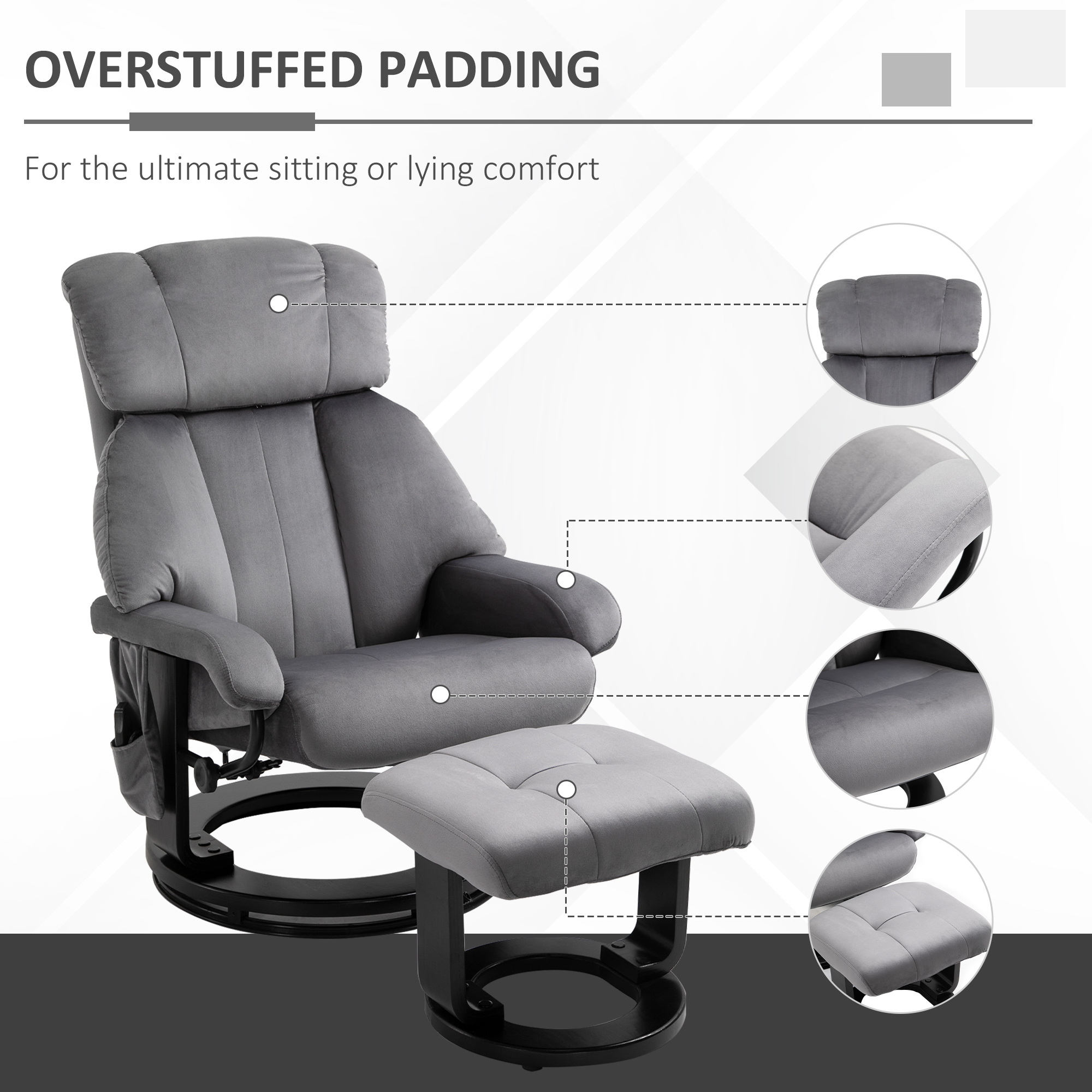 HOMCOM massagefauteuil TV fauteuil fauteuil met kruk massagefunctie fluweelachtig polyester grijs 76 x 80 x 102 cm