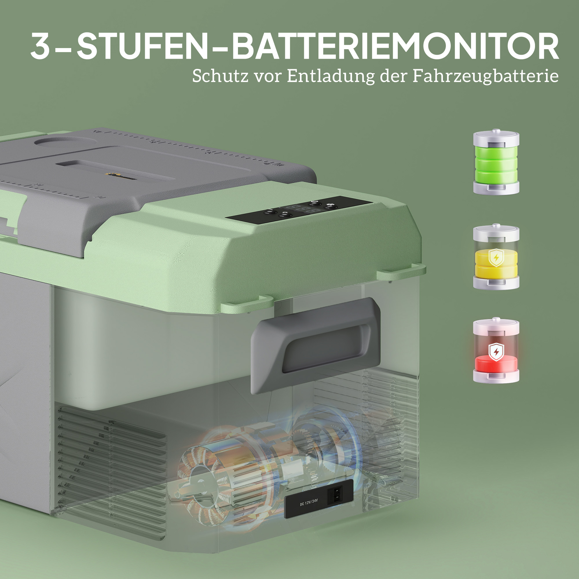 Outsunny 24,2 Liter Campingkoelkast, Autokoelkast, Koelbox met LED-Licht, AC- en DC-Adapters, Stille Werking, Grijs+Groen