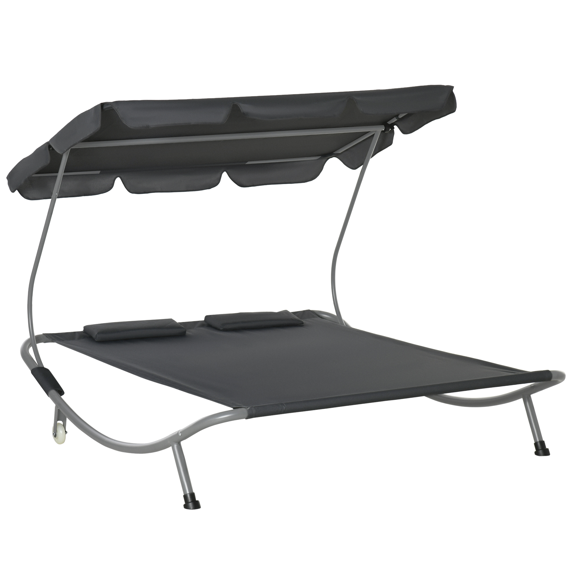 Outsunny Dubbele ligbank ligbed relax lounger met zonnedak rolbaar staal crèmewit / grijs