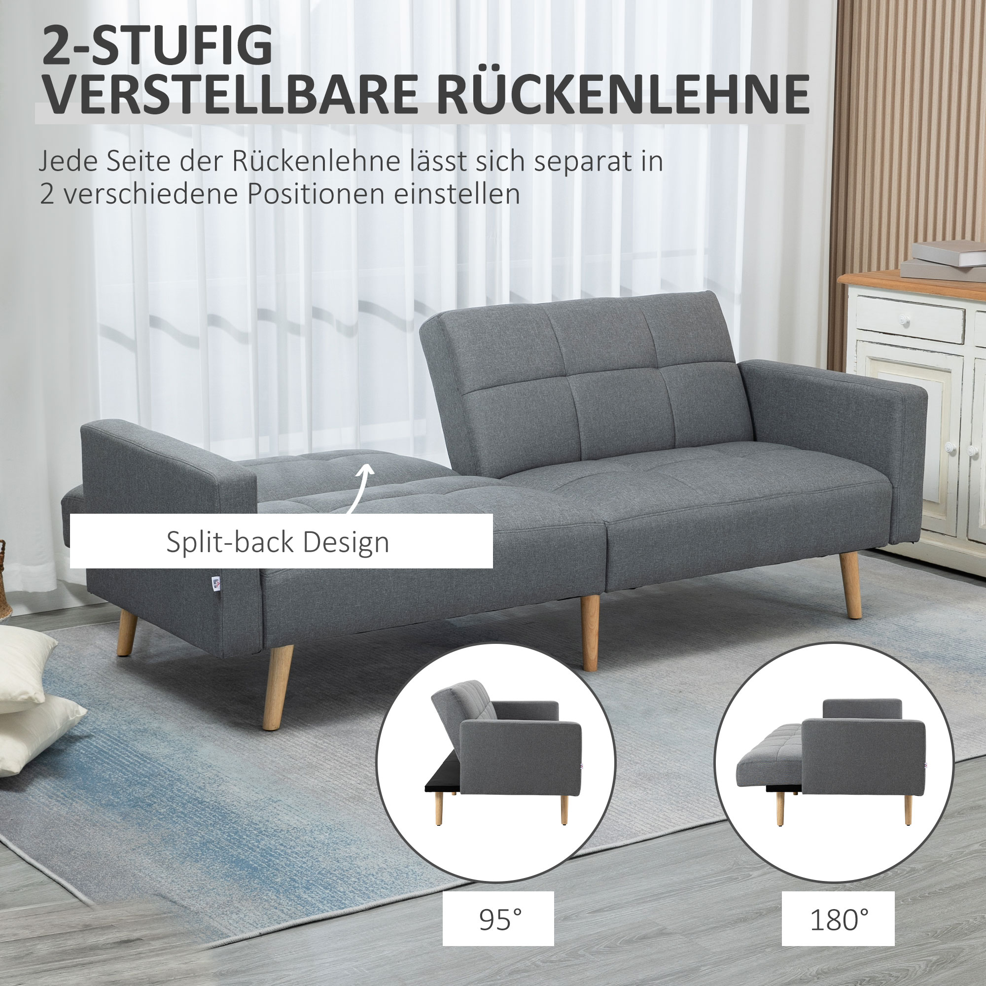 HOMCOM 2-in-1 Slaapbank 205 x 88 cm Bank met Slaapfunctie, Zitkussen, Linnen Look Grijs