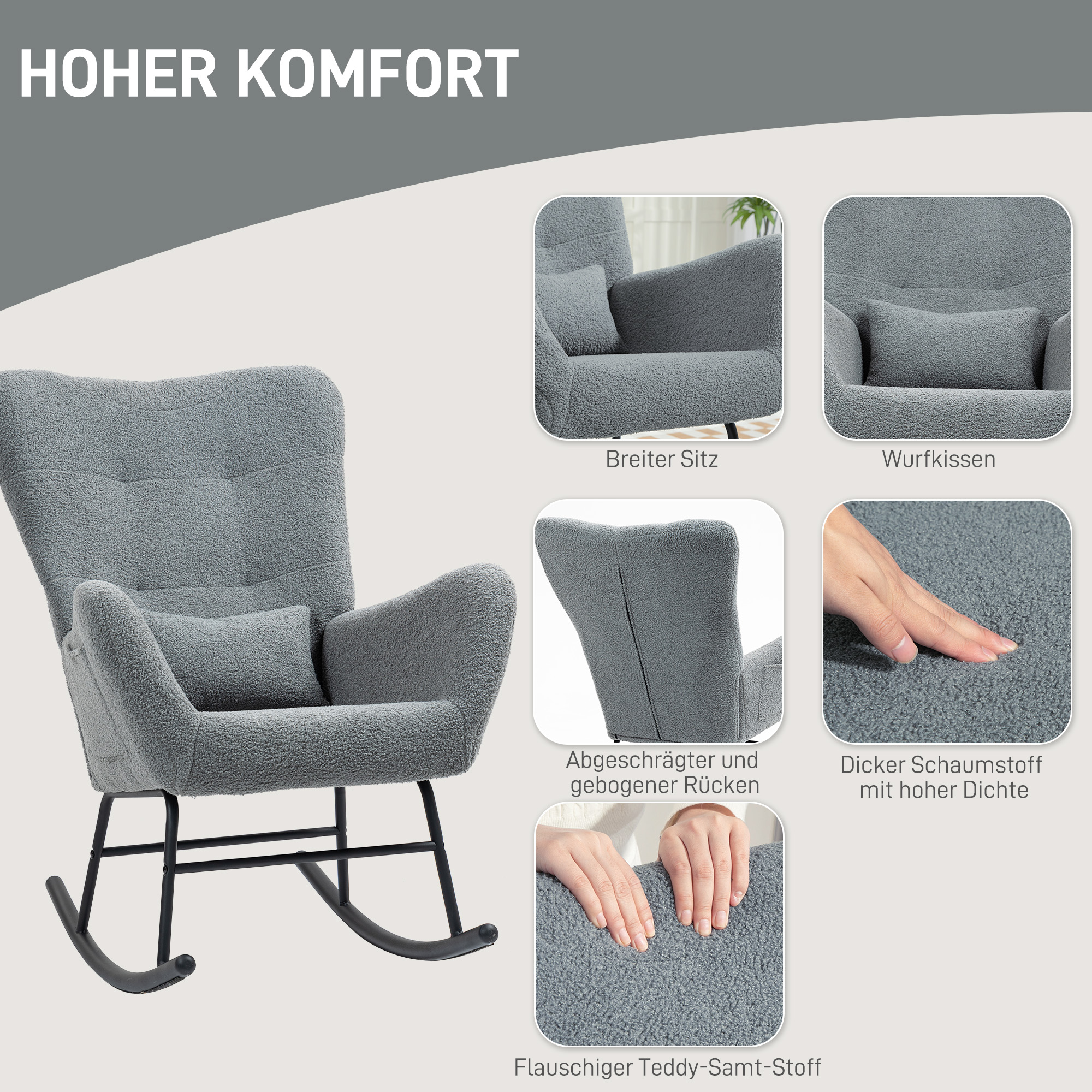HOMCOM Schommelstoel, Pluizige Bekleding, Lendekussen, Antislip, Tot 120 kg, Grijs