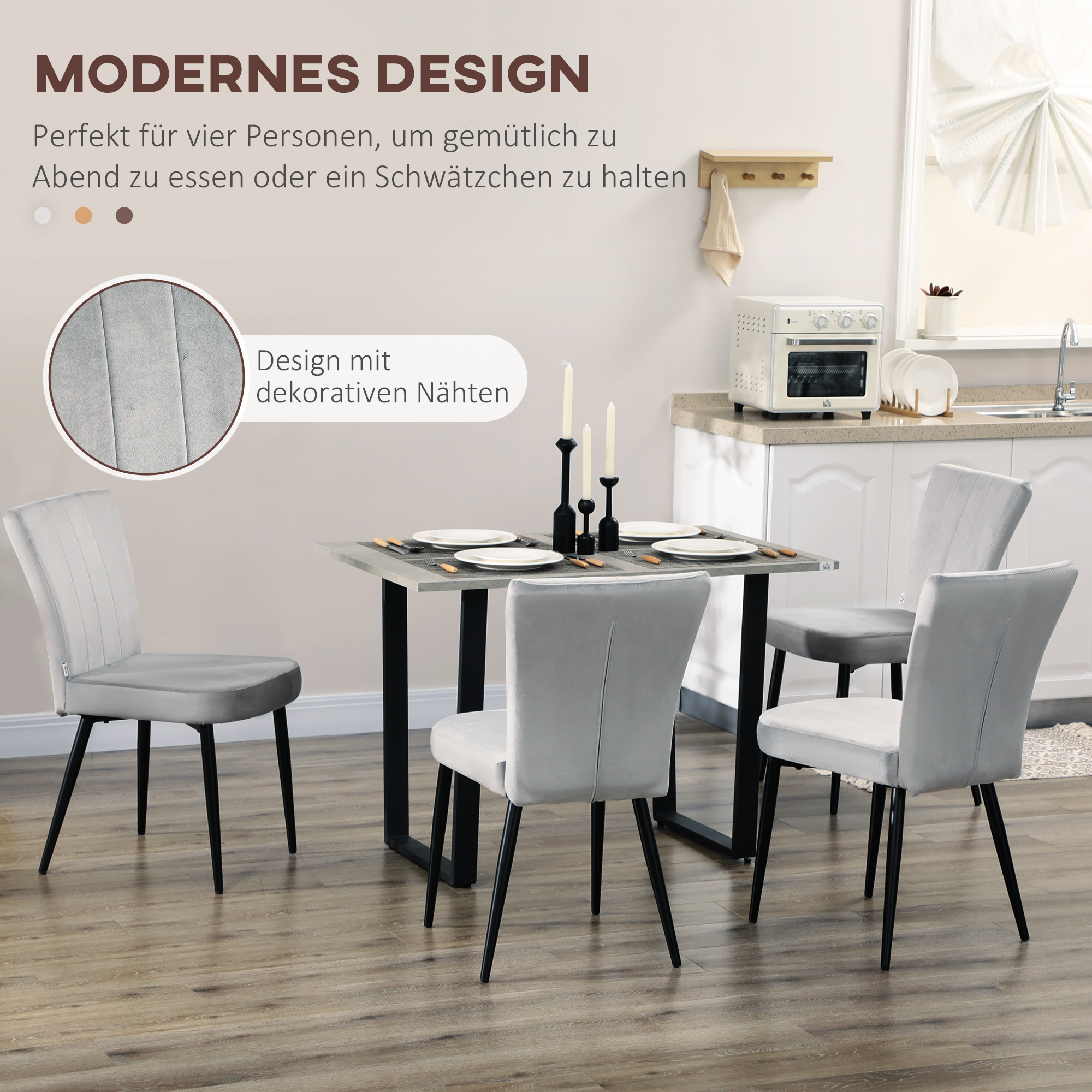 HOMCOM Set van 4 eetkamerstoelen, accentstoelen voor keukens en eetkamers, stoelenset, velourslook, lichtgrijs+zwart