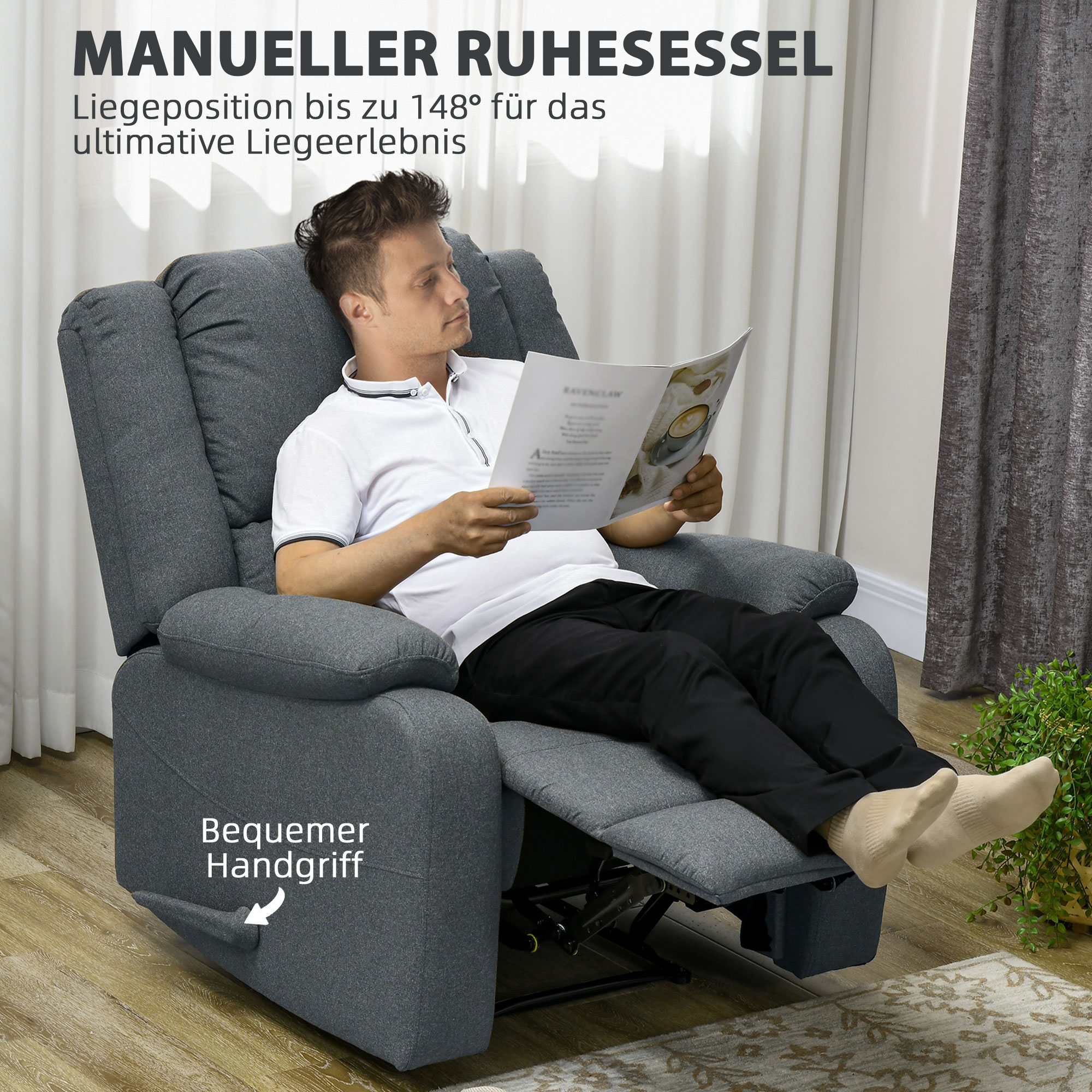 HOMCOM Relaxstoel met ligfunctie en voetsteun, verstelbaar, tot 150 kg, stalen frame, 90 x 96 x 98 cm, Grijs