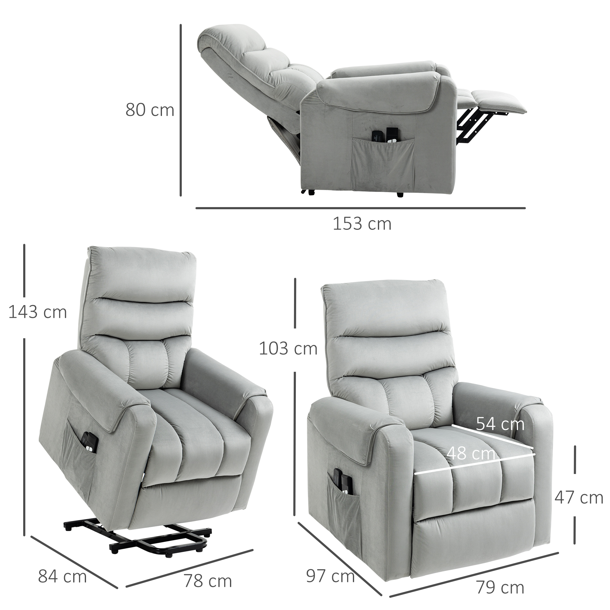 HOMCOM stahulp relaxstoel elektrische tv-stoel met massagefunctie elektrische ligfunctie fluweelzacht polyester metaalschuim lichtgrijs 79 x 97 x 103 cm