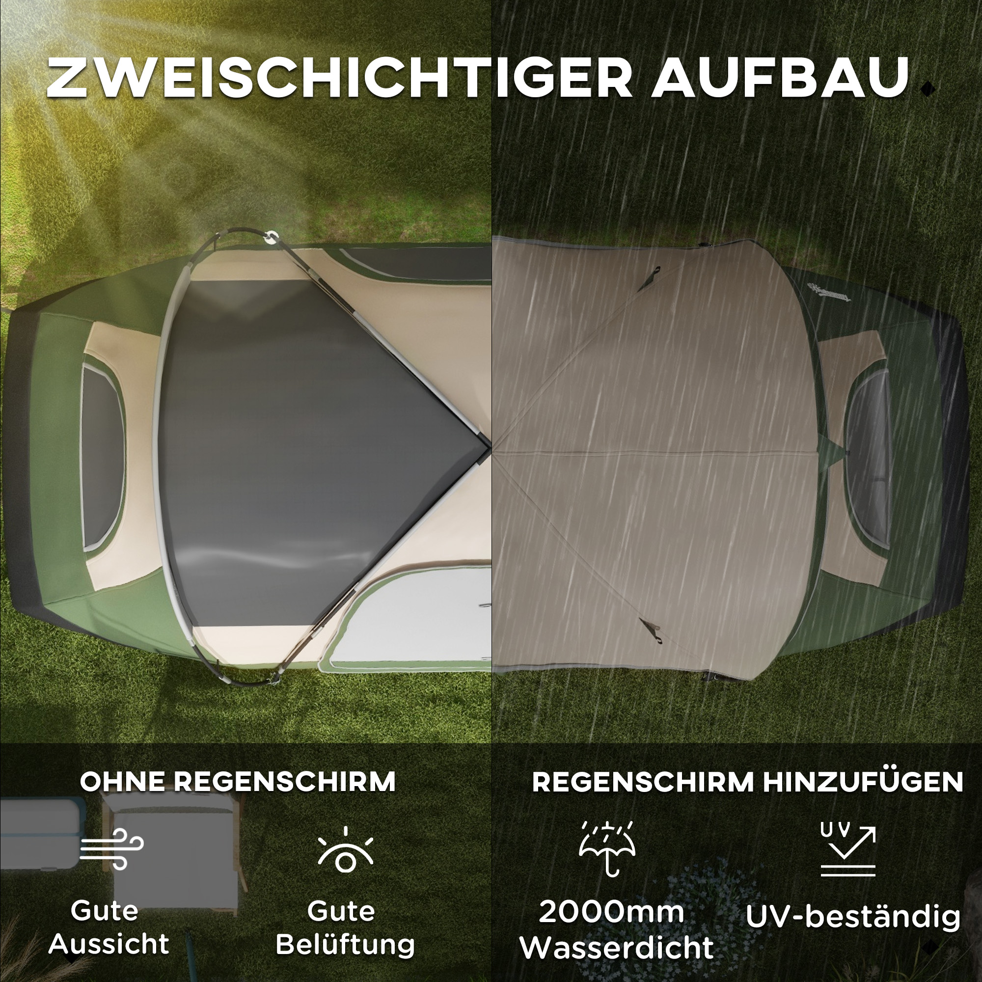 Outsunny Campingtent, 2 Ruimtes, Verwijderbare Scheidingswand, voor 6 Personen, Waterdicht, Donkergroen