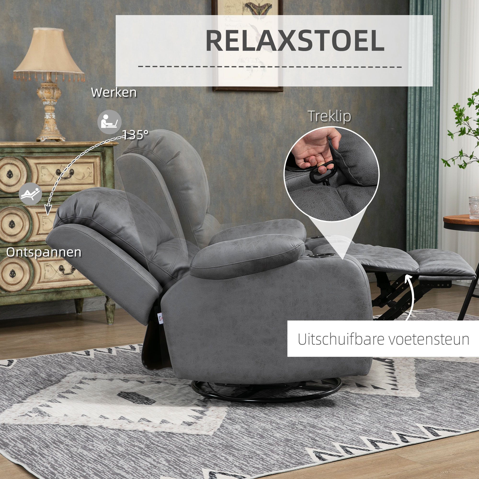 HOMCOM Fauteuil met voetsteun en ligfunctie, incl. bekerhouder, tv-fauteuil, grijs