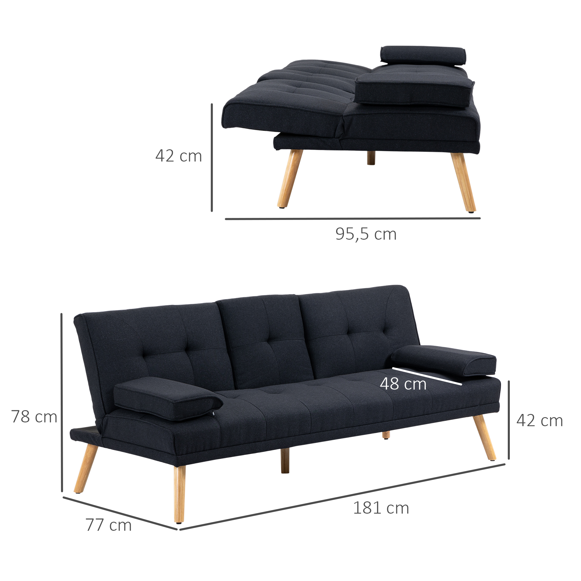 HOMCOM Slaapbank, Logeerbed, Verstelbare Rugleuning, Opklapbare Tafel, 181x77x78 cm, Grijs/Hout