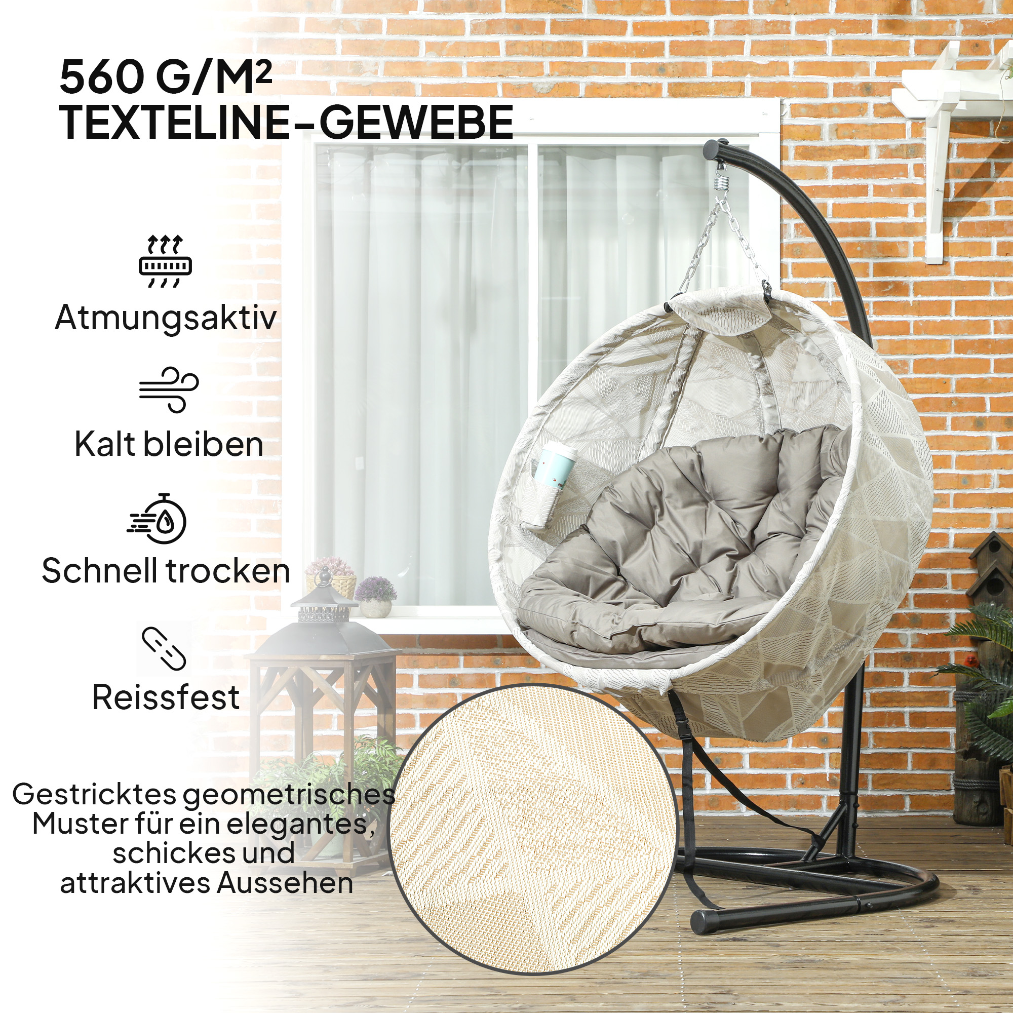 Outsunny Eivormige hangmand, hangstoel met schommelfunctie en opvouwbare mand, tuinstoel, bekerhouder, Zandbruin