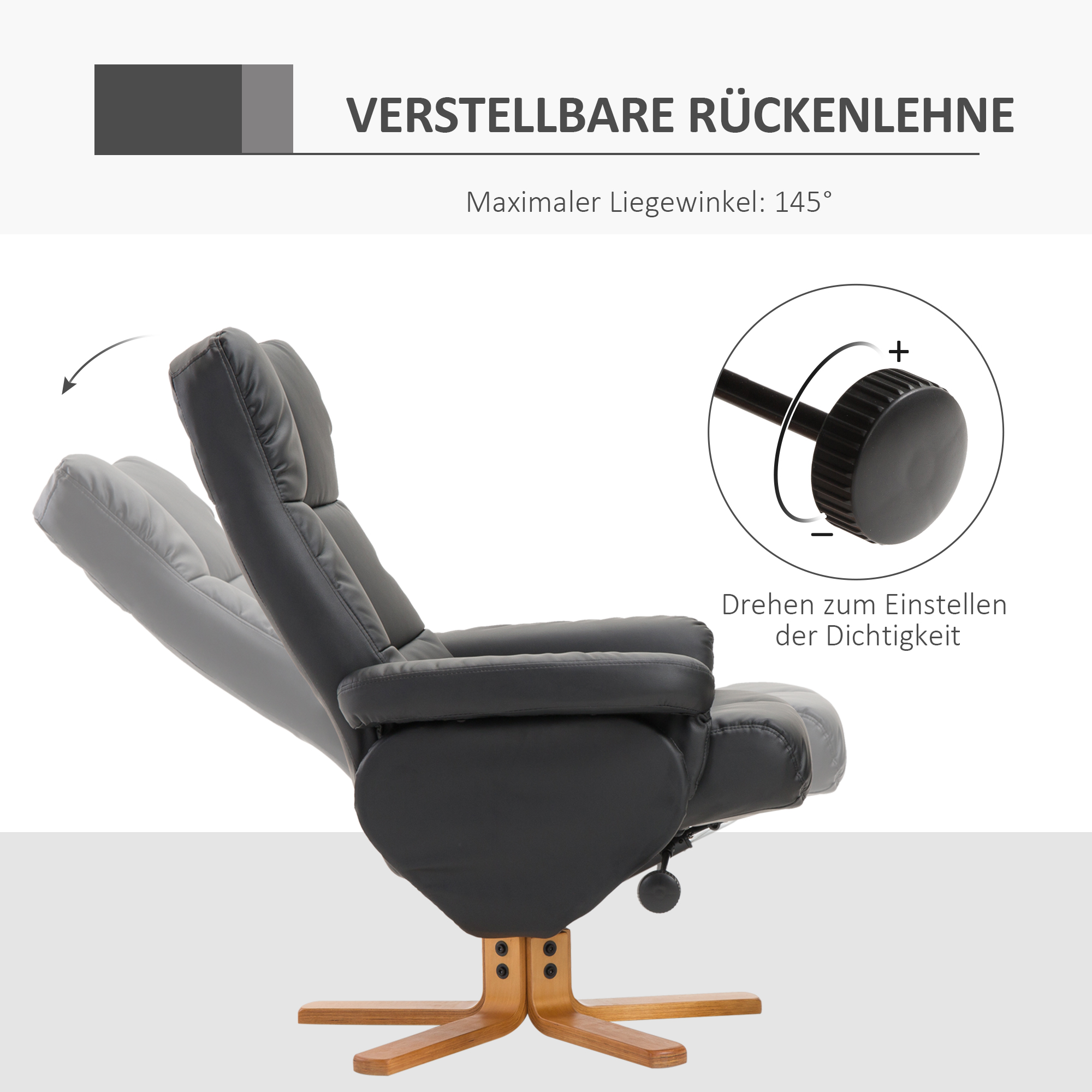 HOMCOM Relaxstoel met kruk tv-stoel 360° draaibaar ligfunctie hout zwart