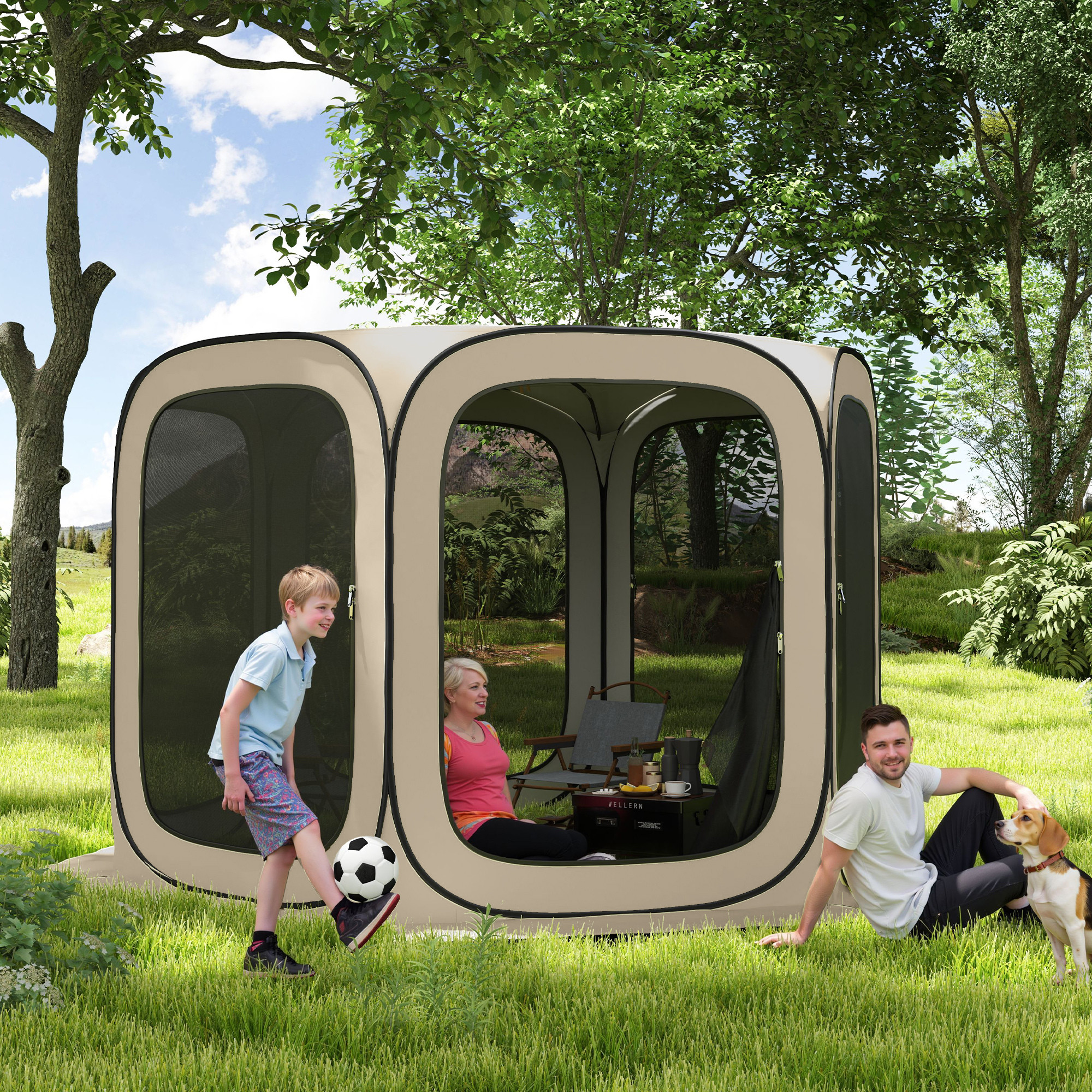 Outsunny Pop-up Campingtent, Draagbaar, UPF50+ Bescherming, Mesh-Zijden, Staaldraad, Khaki