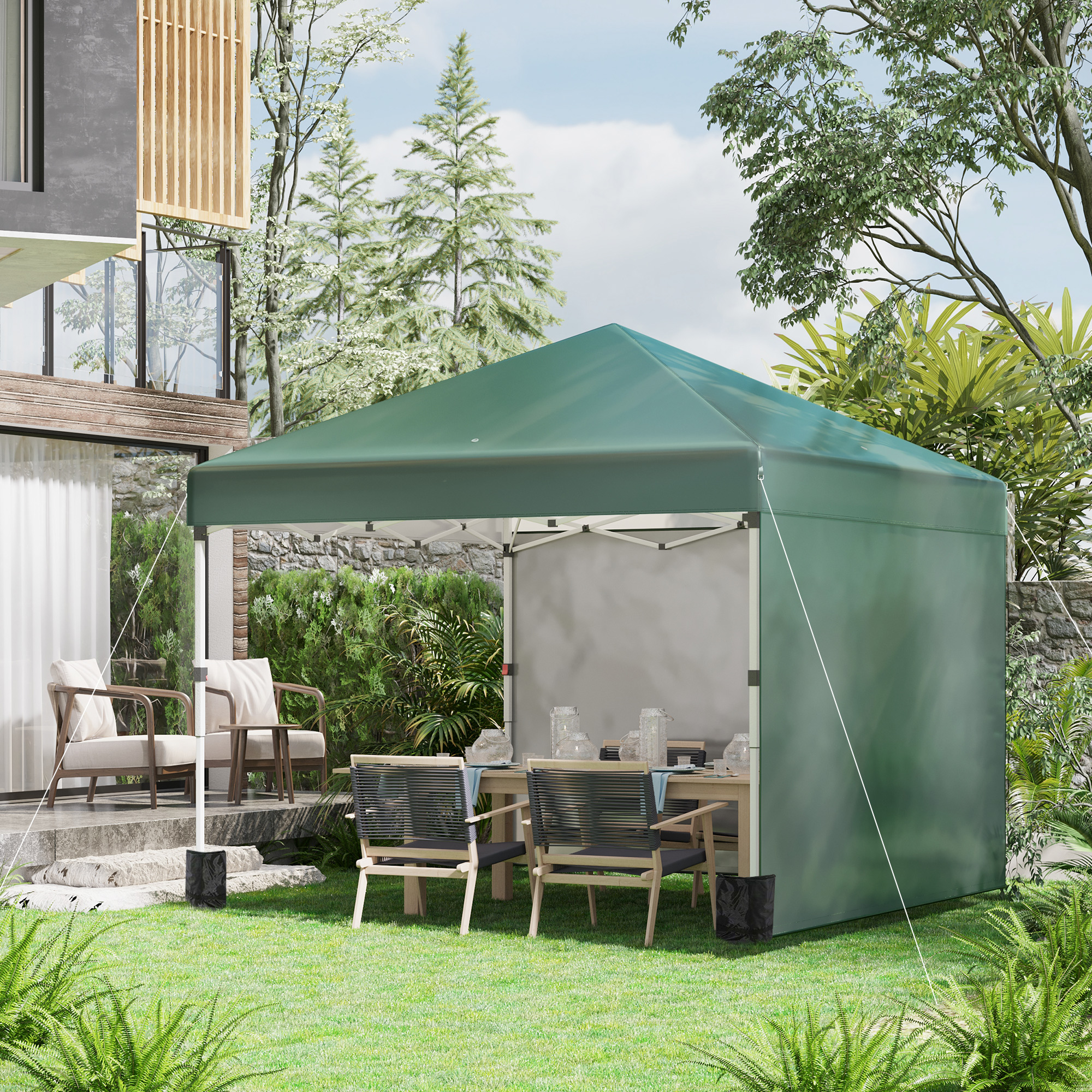 Outsunny Opvouwbare Paviljoen, 2 Zijwanden, Hoogteverstelbaar, Inclusief Transporttas, Roestvrij Stalen Frame, 3 x 3 m, Groen