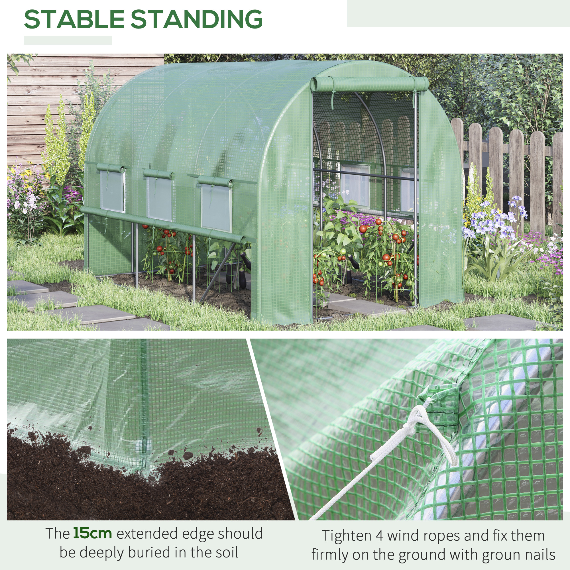 Outsunny foliekas 3 x 2 x 2 m tunnel inloopkas kas plantenhuisfolie tent 6 ramen UV-bescherming groen