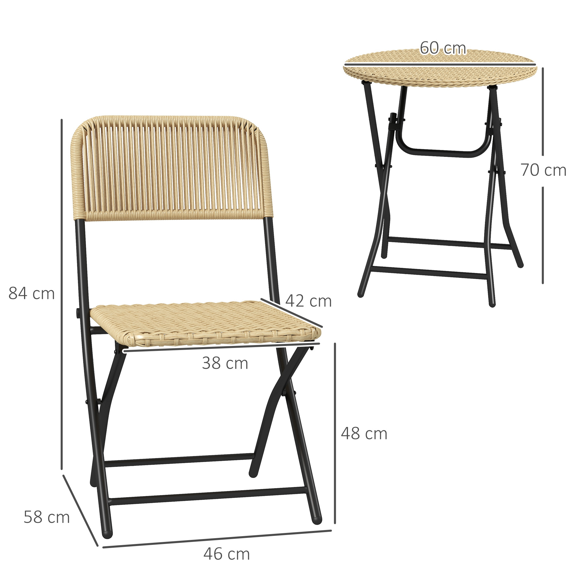 Outsunny Bistroset in Rattanlook, 2 stoelen met ronde tafel, inklapbaar, stalen frame, geel