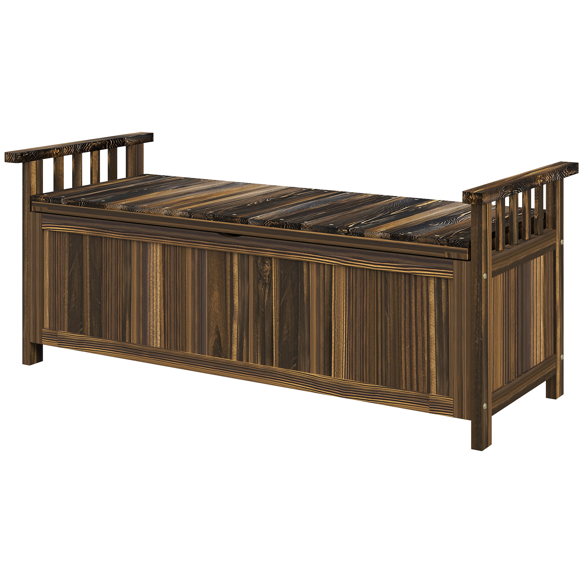 Outsunny 2-Zits Tuinbank van Hout met Weerbestendige Zitting, Tuinmeubilair met Opbergruimte en Armleuningen 128,5 x 56 x 53,5cm, Verkoold