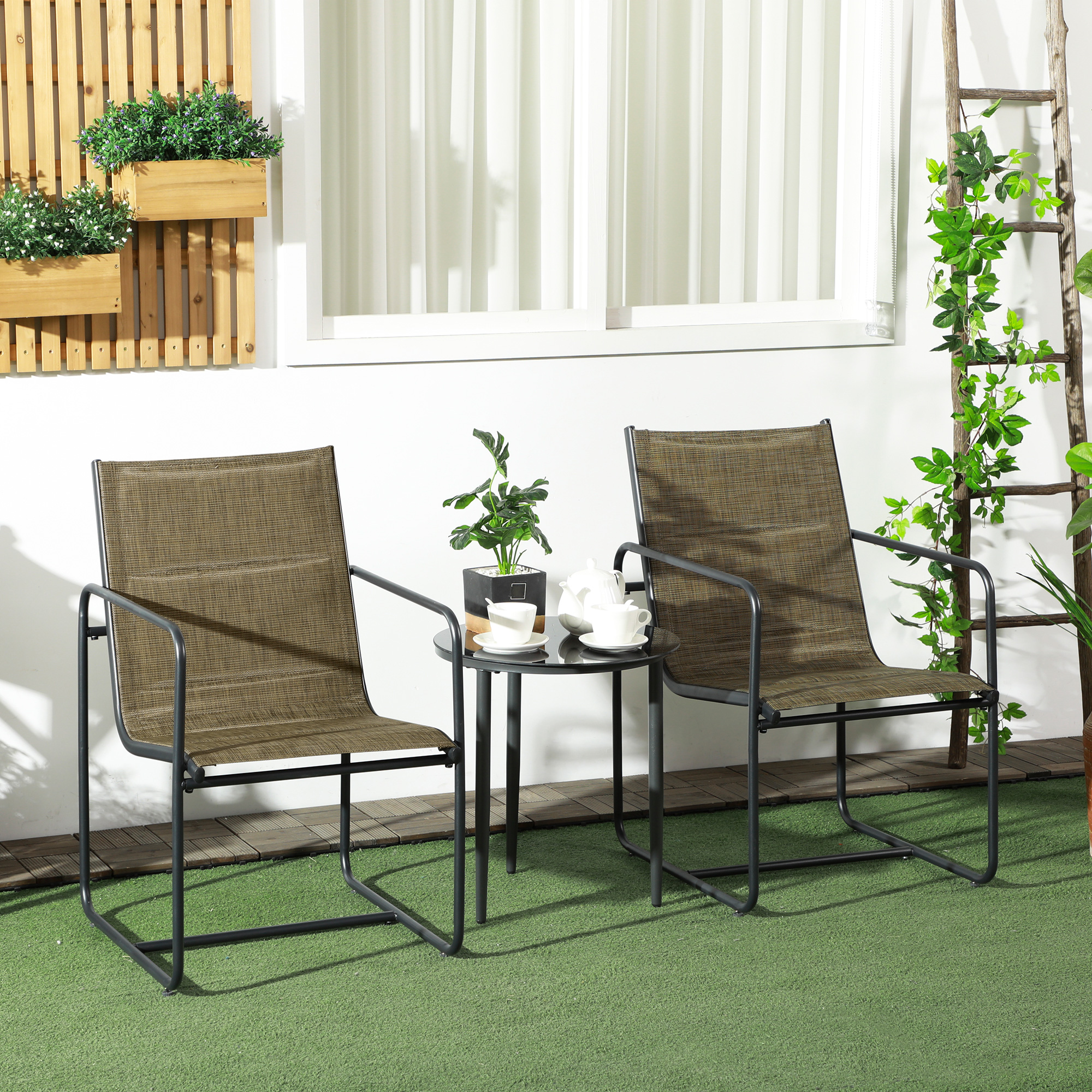 Outsunny Tuinstoel, 2-delige set, ademende bekleding, stevig metalen frame, 54x66,5x88cm, Zwart/Bruin