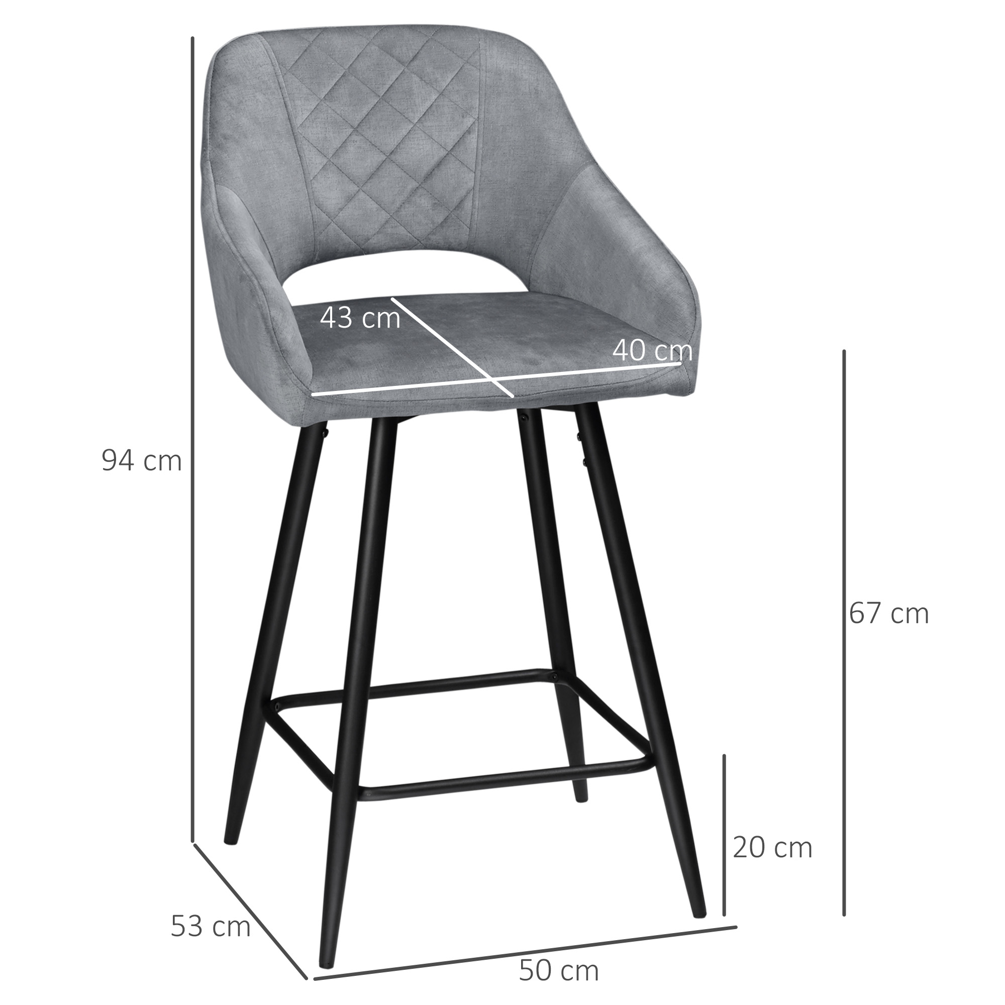 HOMCOM set van 2 barkrukken in retrostijl, fluwelen look, inclusief voetsteun 50 cm x 53 cm x 94 cm grijs