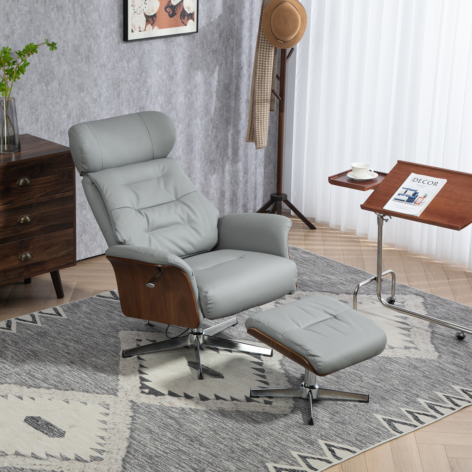 HOMCOM Relaxstoel met Hoker, Ligfunctie, Draaibaar, Lederoptiek, tot 150 kg, Lichtgrijs