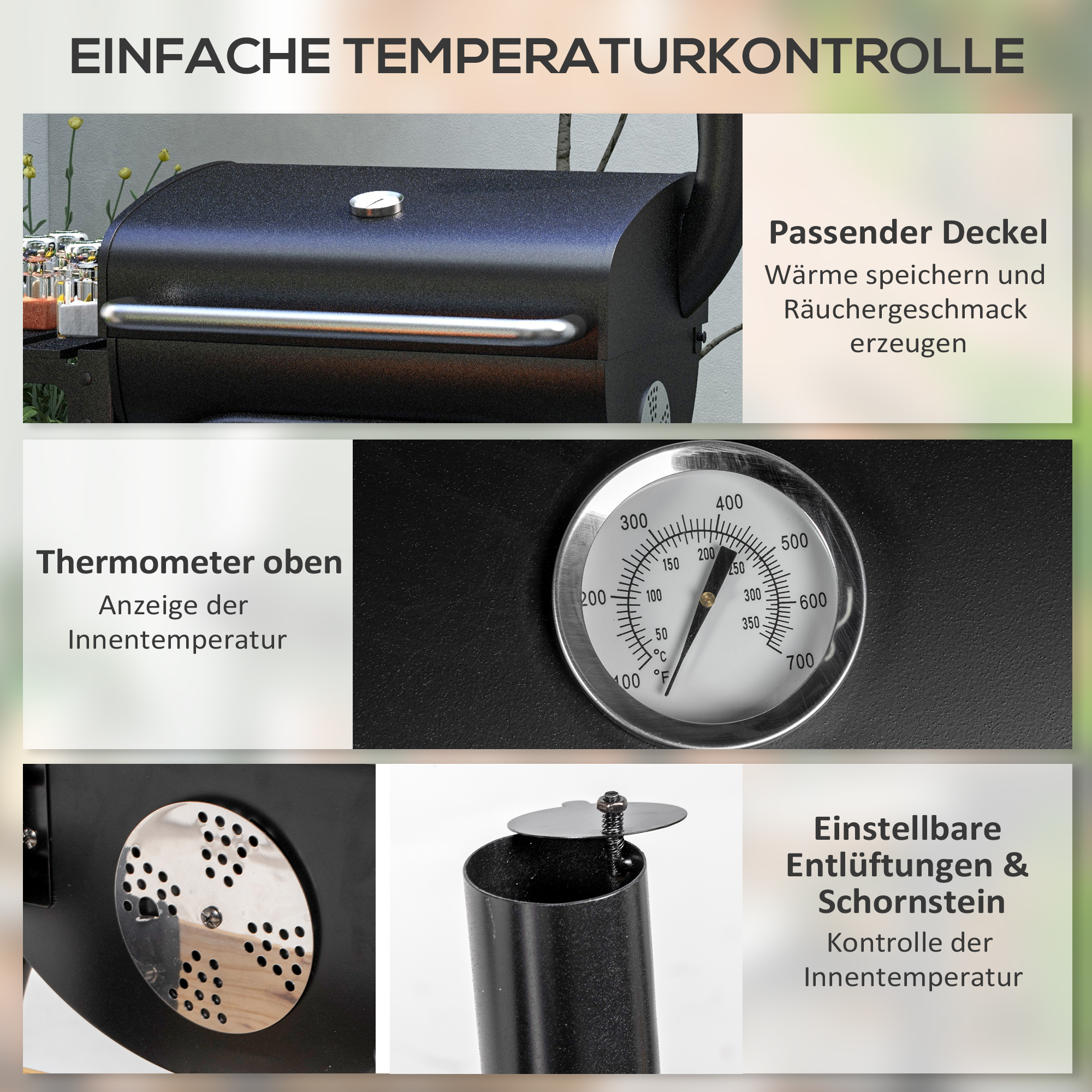 Outsunny Houtskoolgrill Smoker BBQ-Grill, 1 Plank, inclusief Thermometer, 83 x 46,5 x 115 cm, Zwart