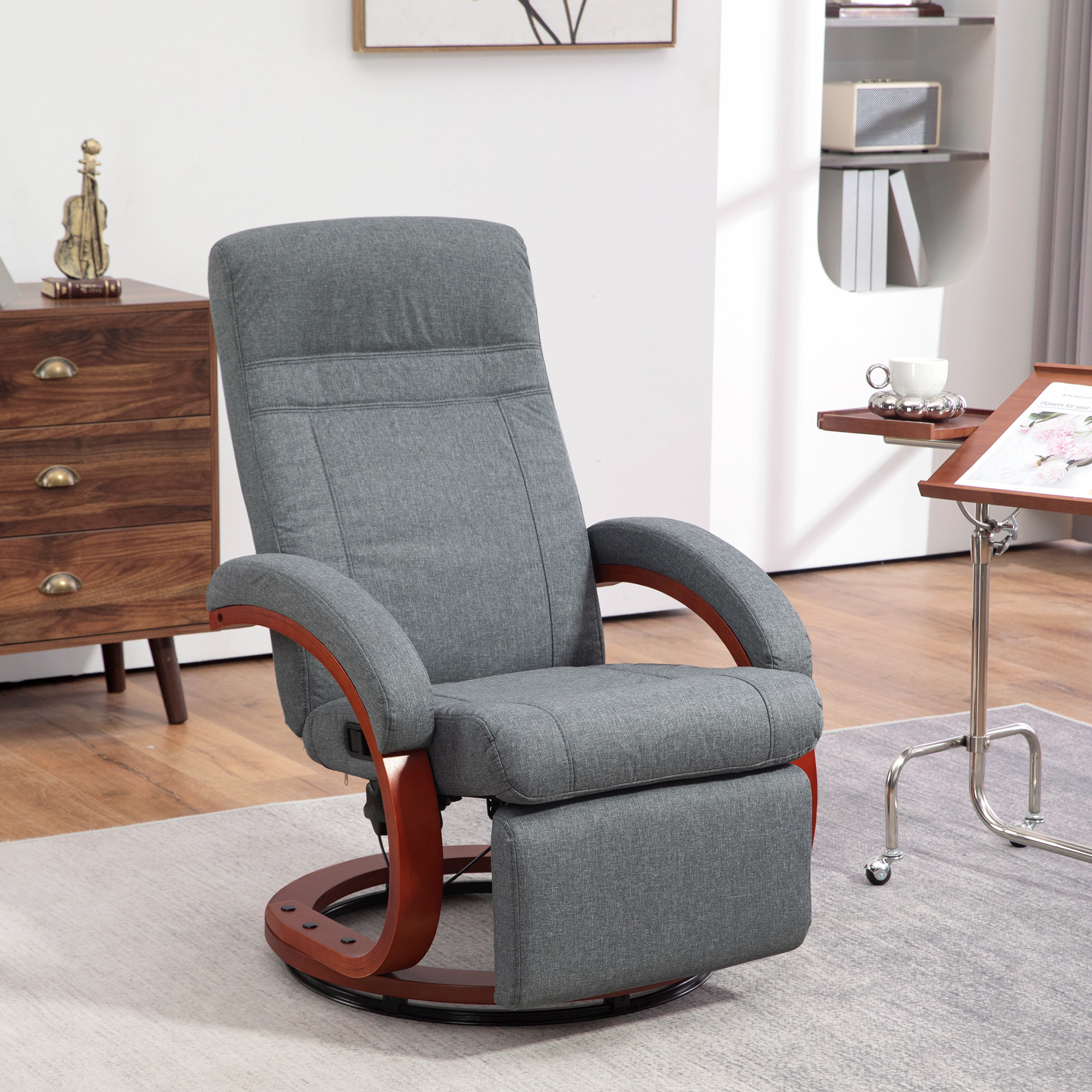 HOMCOM Relaxfauteuil met Opklapbare Voetensteun, Draaibaar, Kantelbare Rugleuning, Linnenlook, Tot 140 kg, Grijs