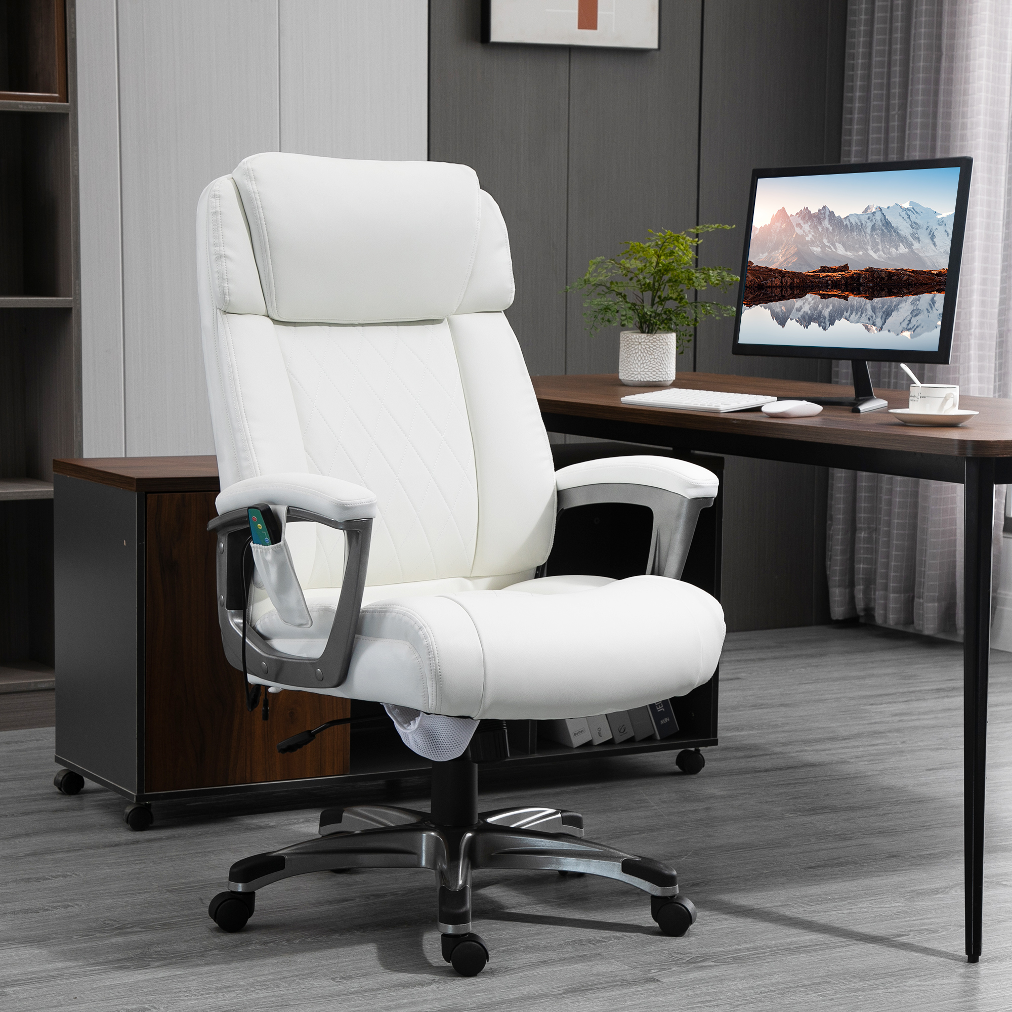 Vinsetto massage bureaustoel 6-punts draaibare massagestoel gemaakt van kunstleer met gebogen hoofdsteun en armsteun wit 70 b x 76,5 d x 114-124 h cm