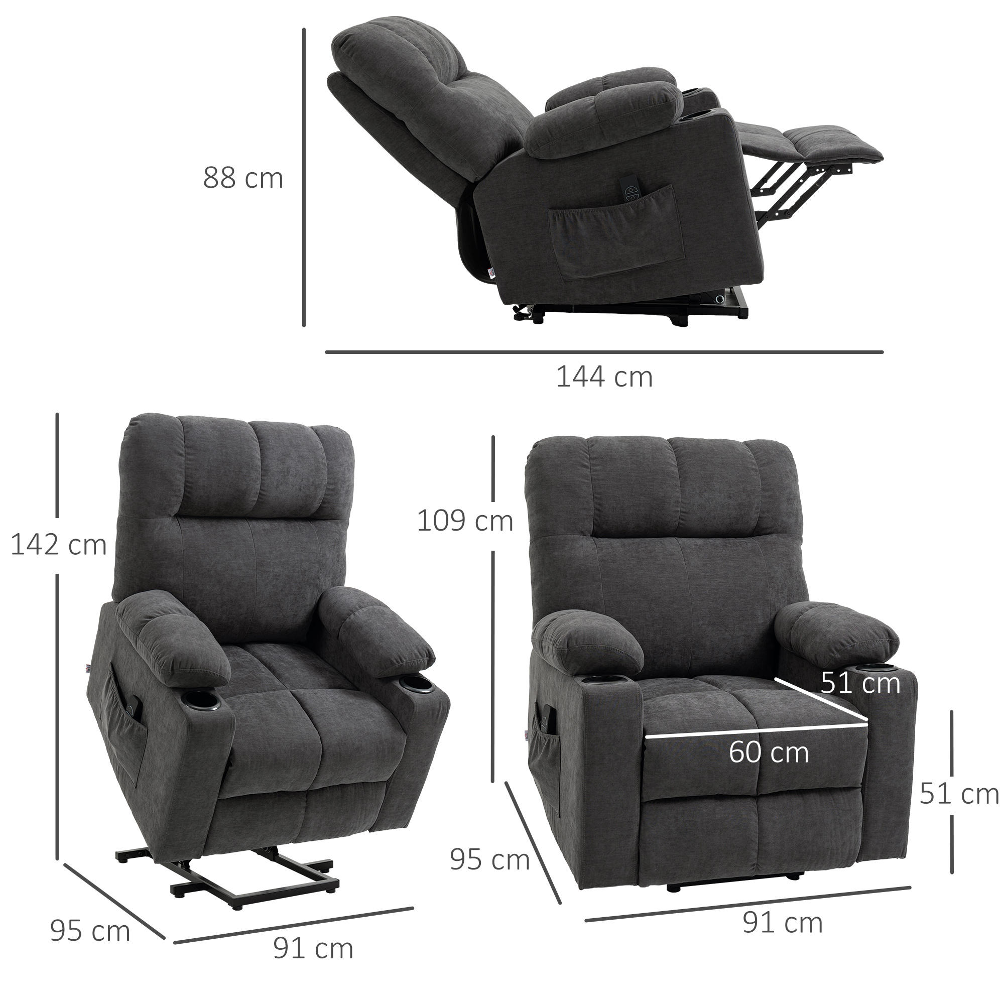 HOMCOM Opstaan hulp seniorenstoel, ligfunctie, inclusief afstandsbediening, 144 cm x 91 cm x 88 cm, Donkergrijs